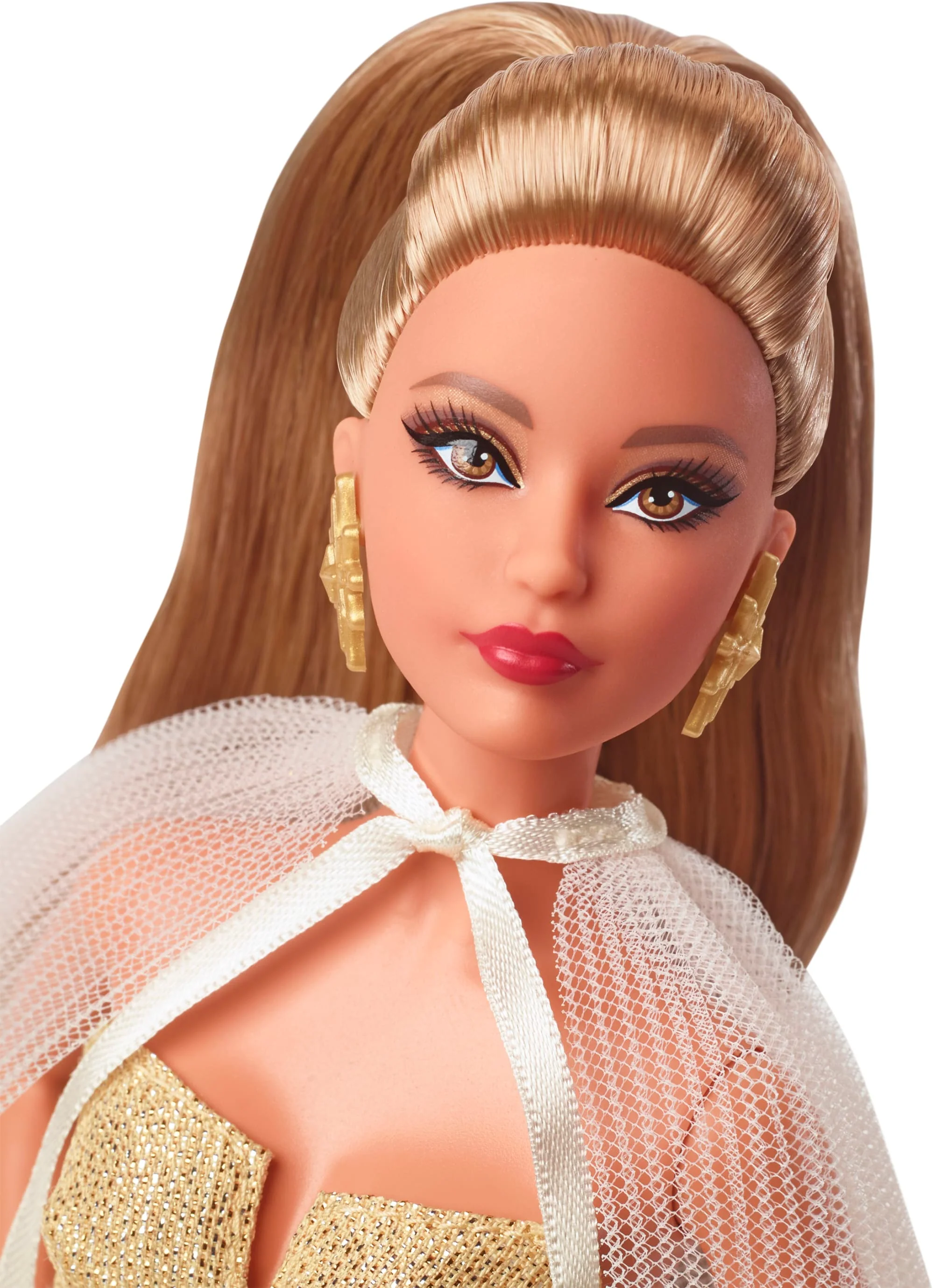 Barbie-Barbie Joyeux Noël 2023-Poupée Robe Dorée Et Cheveux Châtains - Image 2