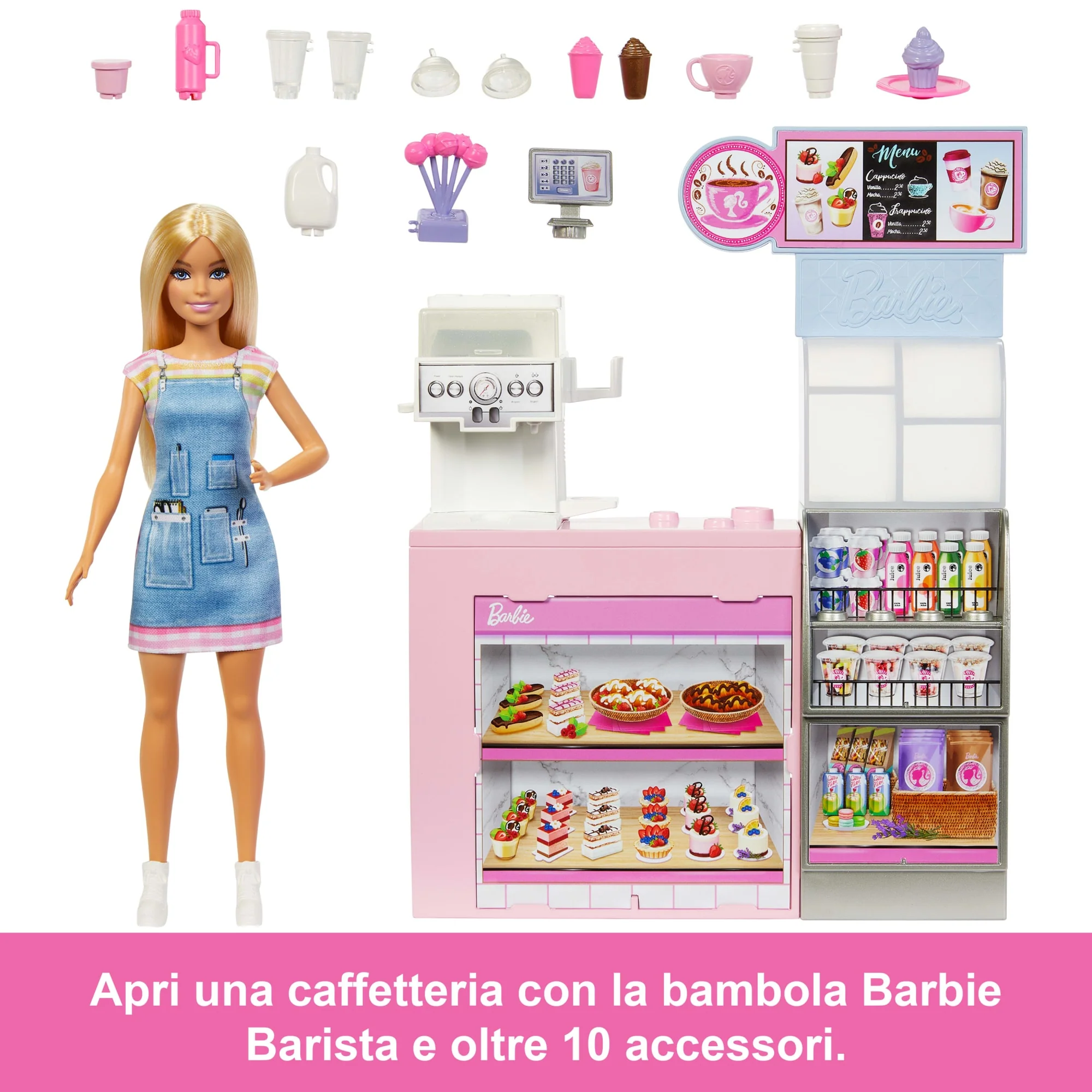 Barbie Caffetteria, Playset Con Bambola Barista Bionda, Macchinetta Per Il Caffè Funzionante E Oltre 10 Accessori - Image 3