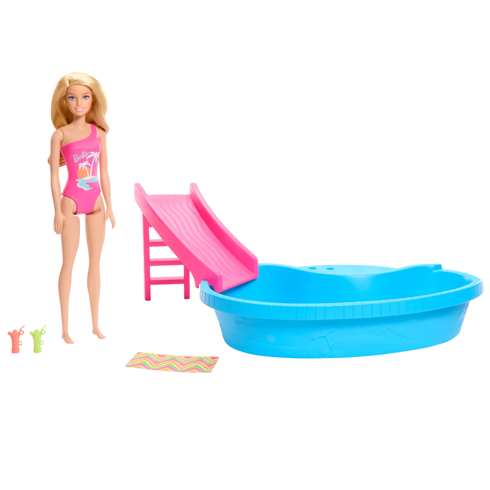 Σετ Με Κούκλα Barbie Και Πισίνα, Ξανθιά Με Πισίνα, Τσουλήθρα, Πετσέτα Και Αξεσουάρ Αναψυκτικών