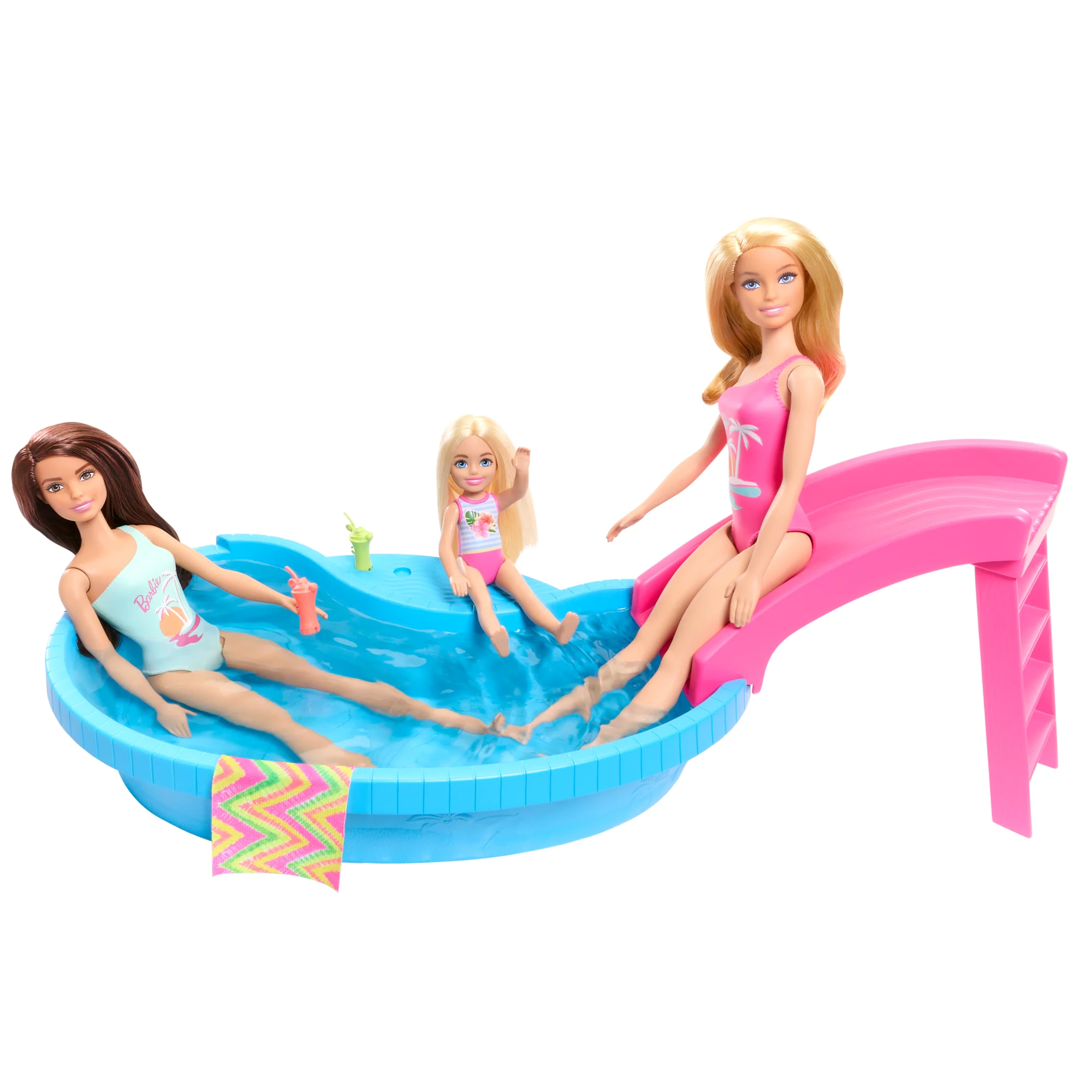 Σετ Με Κούκλα Barbie Και Πισίνα, Ξανθιά Με Πισίνα, Τσουλήθρα, Πετσέτα Και Αξεσουάρ Αναψυκτικών - Image 3