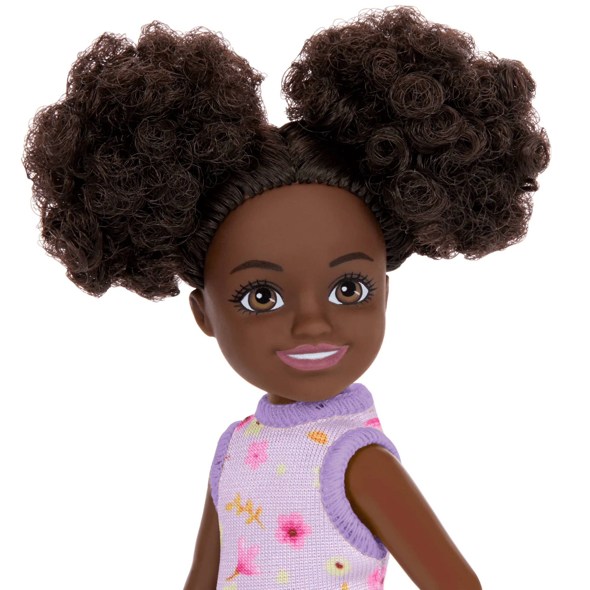 Barbie Chelsea Doll, Small Doll Wearing Removable Purple Floral Dress With Space Buns & Brown Eyes - Image 2