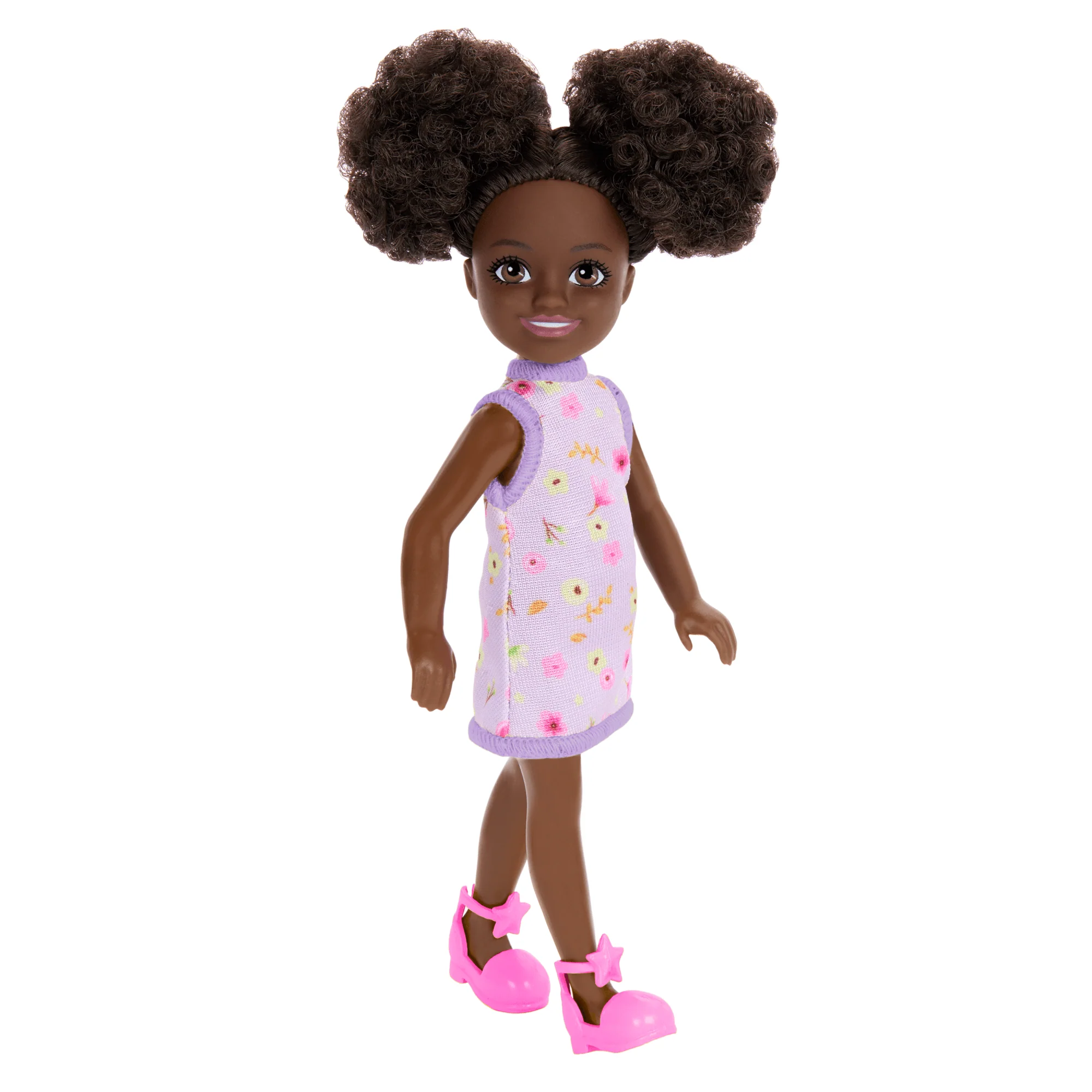 Barbie Chelsea Doll, Small Doll Wearing Removable Purple Floral Dress With Space Buns & Brown Eyes - Image 4