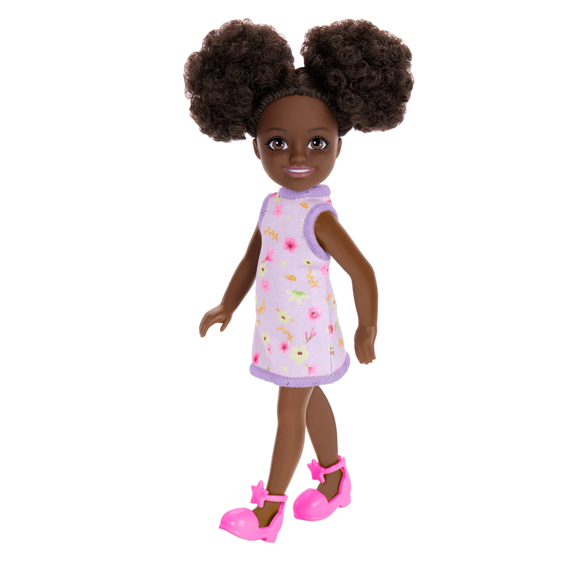Barbie Chelsea Doll, Small Doll Wearing Removable Purple Floral Dress With Space Buns & Brown Eyes - Image 5