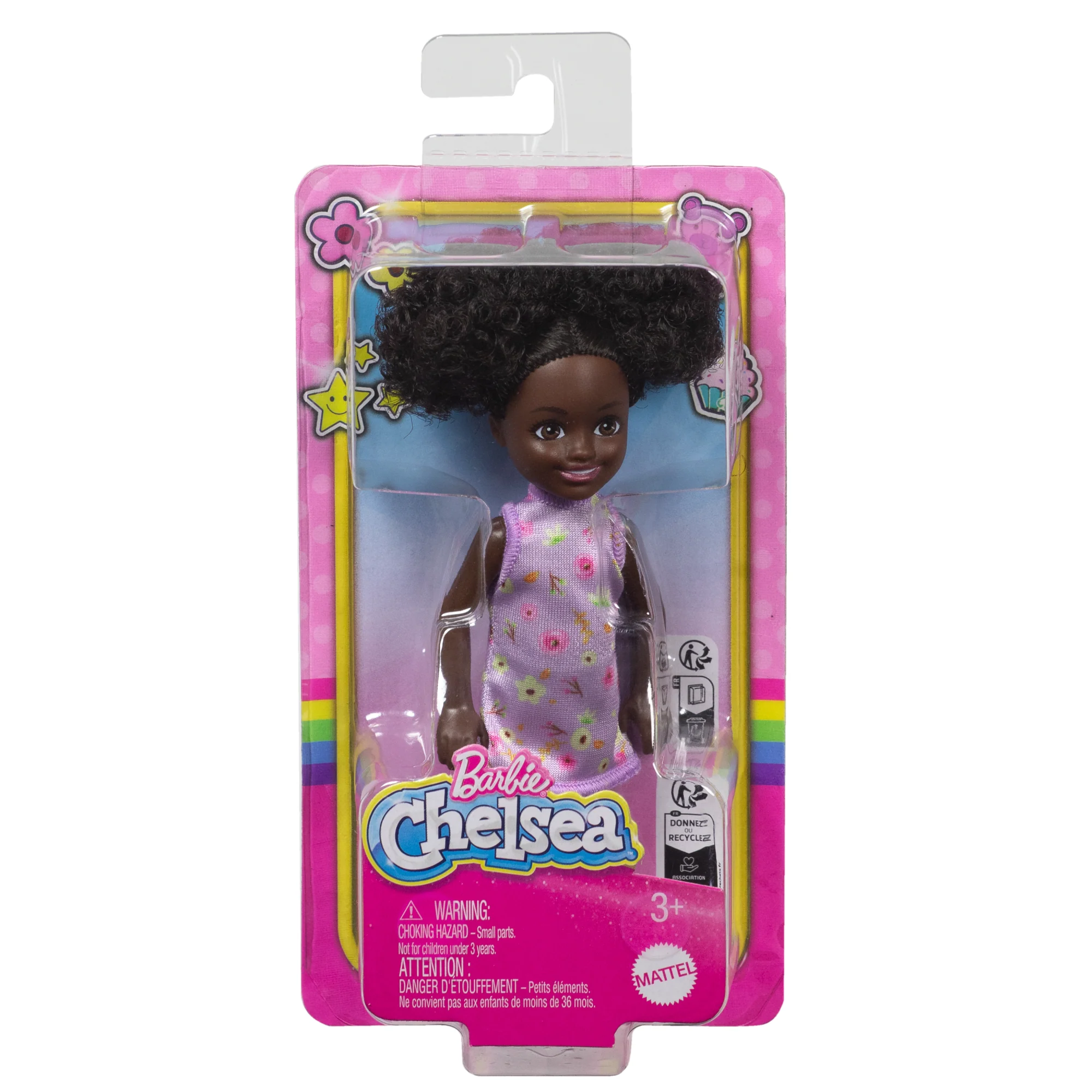 Barbie Chelsea Doll, Small Doll Wearing Removable Purple Floral Dress With Space Buns & Brown Eyes - Image 6