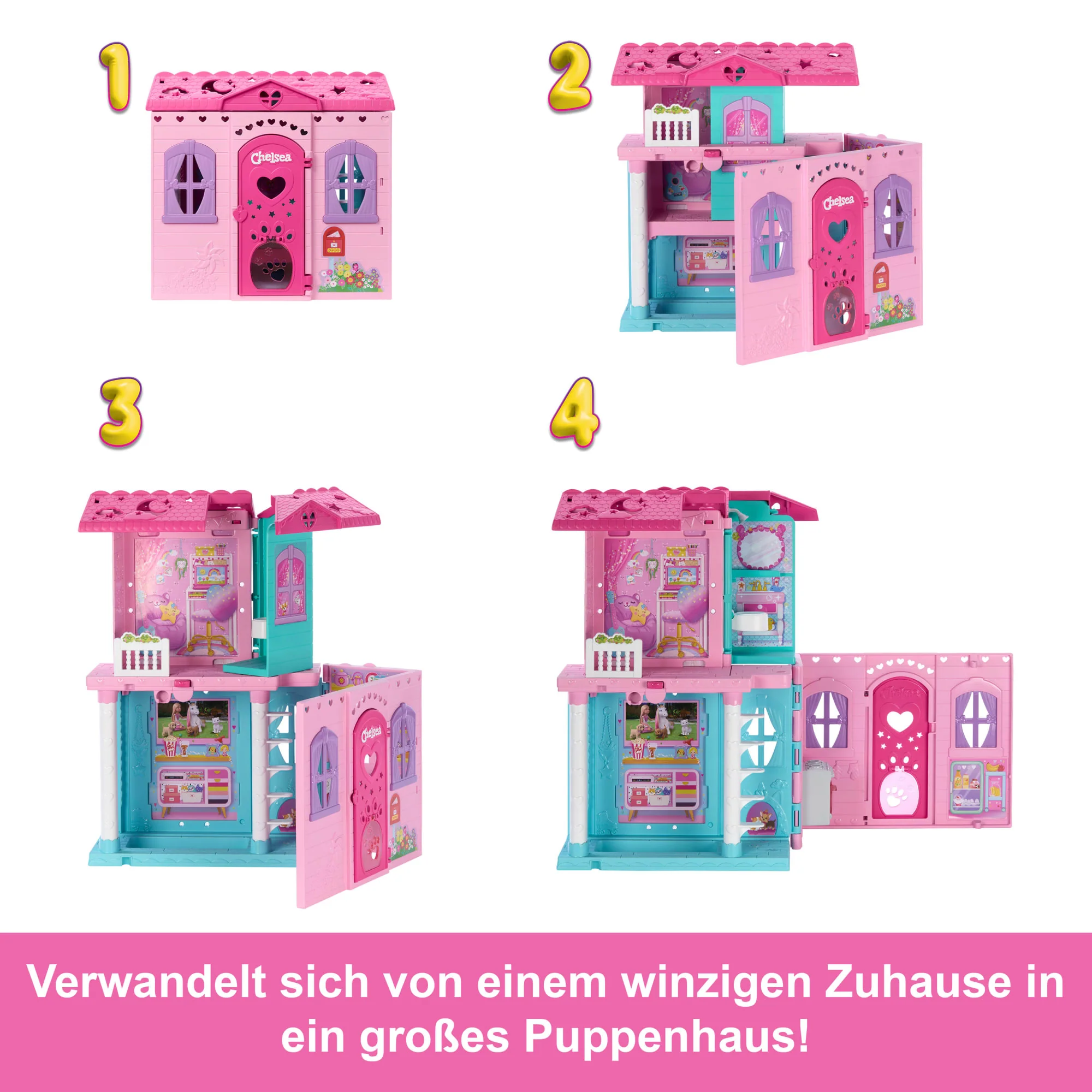 Barbie Chelsea Pop-Up-Puppenhaus Mit Puppe Und Über 15 Accessoires, Haus Erweitert Sich Auf Über 42 X 33 Cm - Image 2