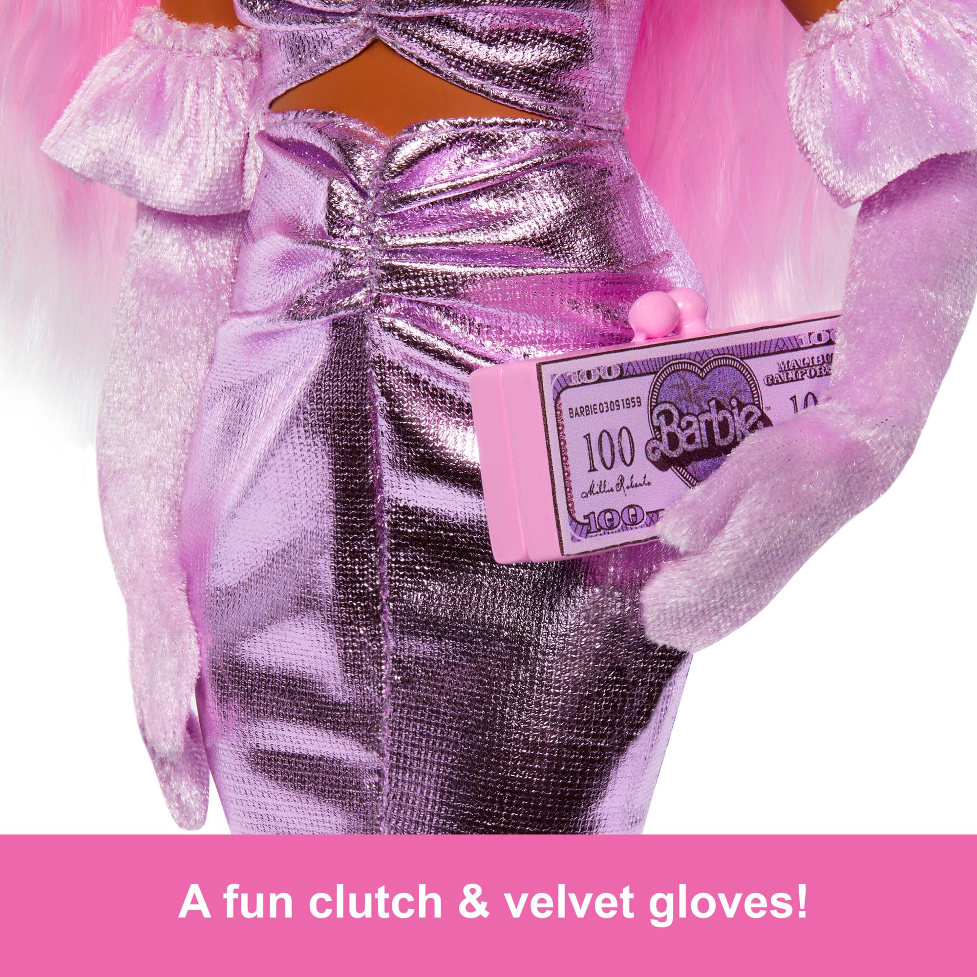 Barbie Deluxe Style Doll #1 in Glossy Pink Barbiecore Dress With Velvet Gloves, Pink Hair - Image 3