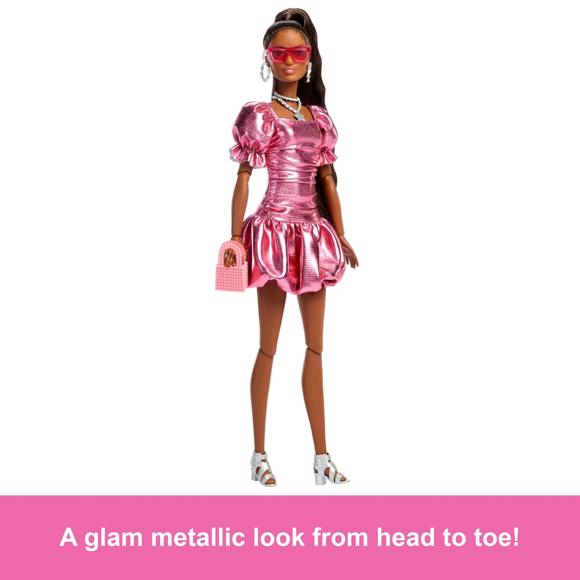 Barbie Deluxe Style Fashion Doll #6 in Metallic Coral Dress With Bubble Hem And Silvery Accessories - Image 4