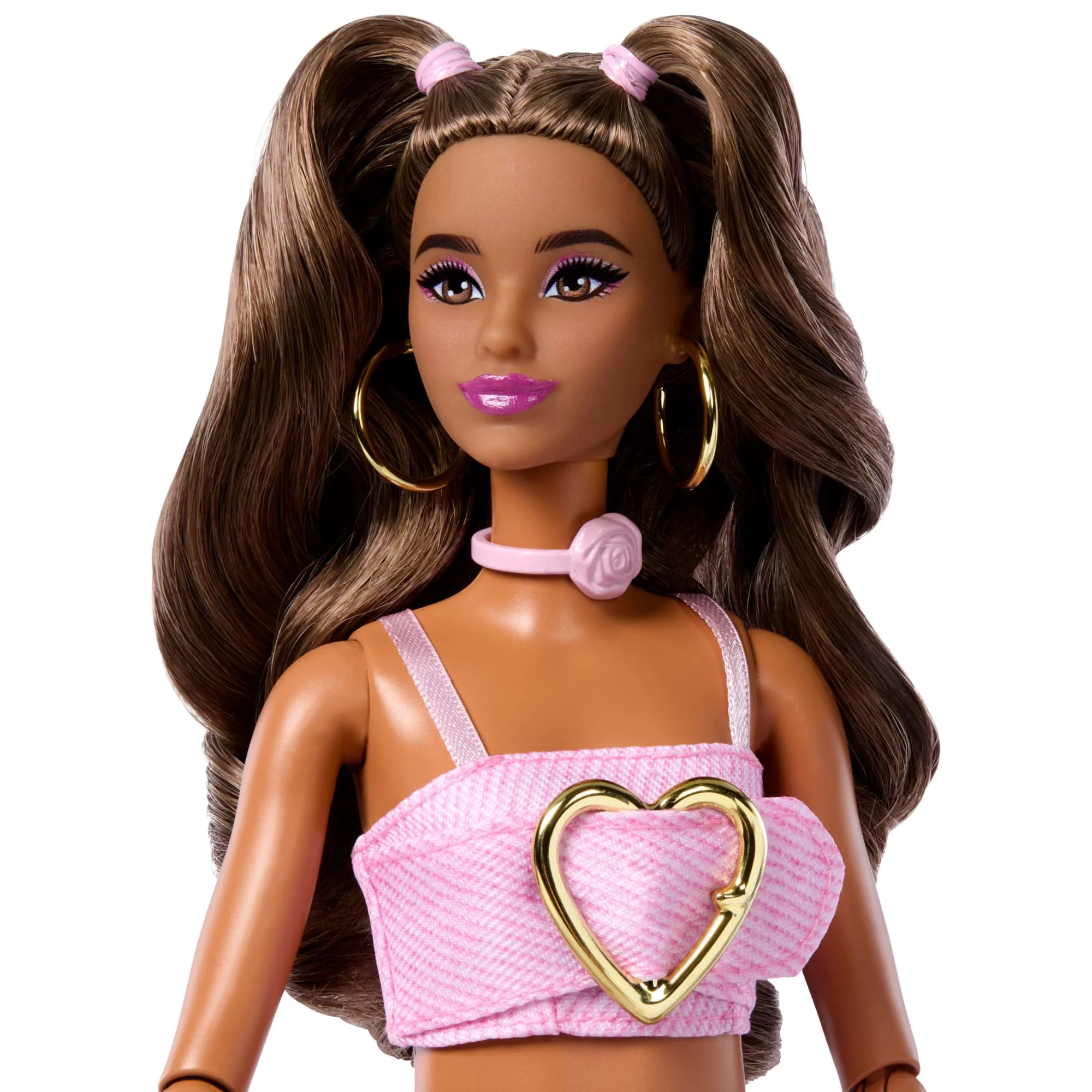 Barbie Deluxe Style Fashion Doll #12 in Pink Denim Crop Top And Flare Jeans, Brunette - Image 2