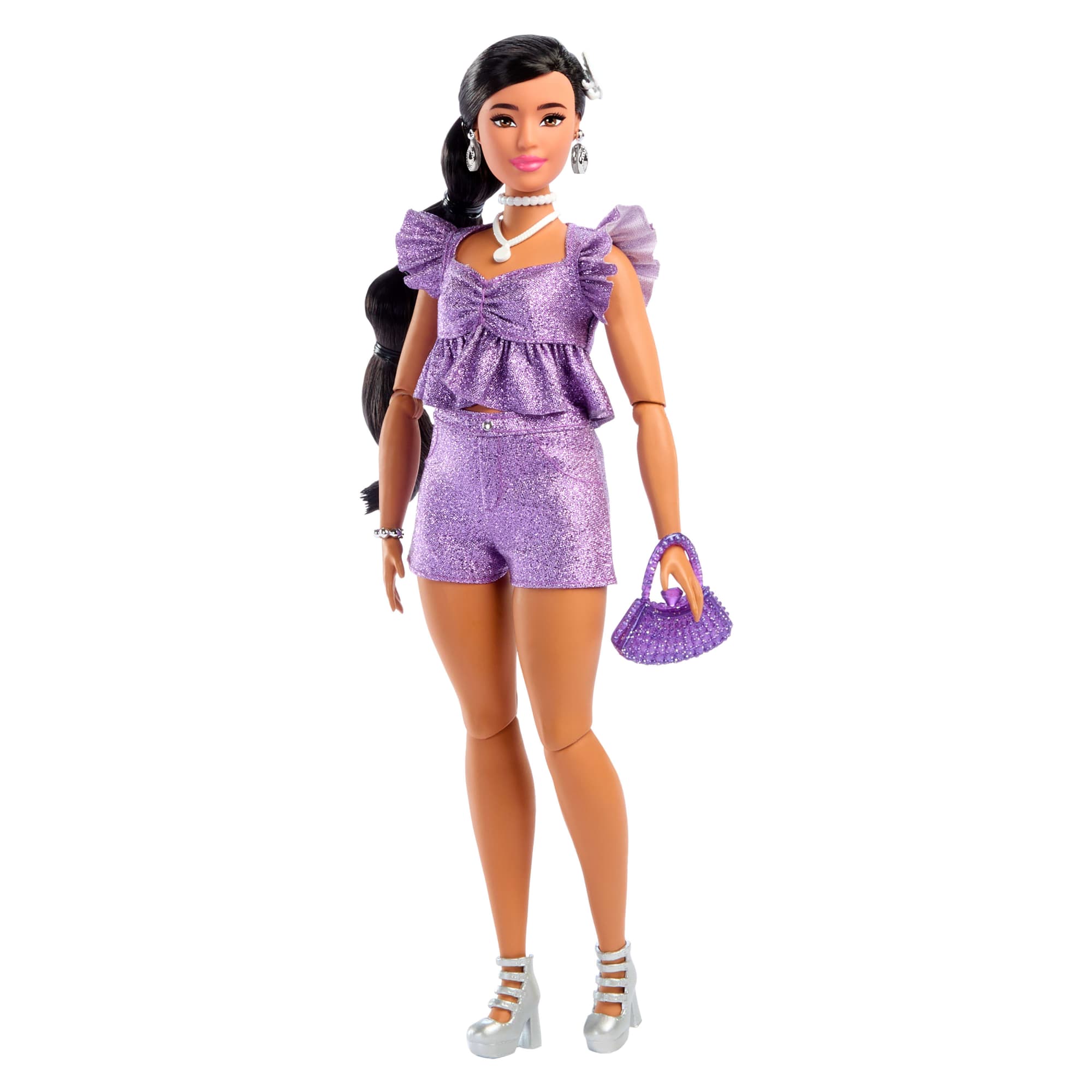 Barbie Deluxe Style Lalka modowa #8 Błyszczący fioletowy top i szorty Zabawka 4+