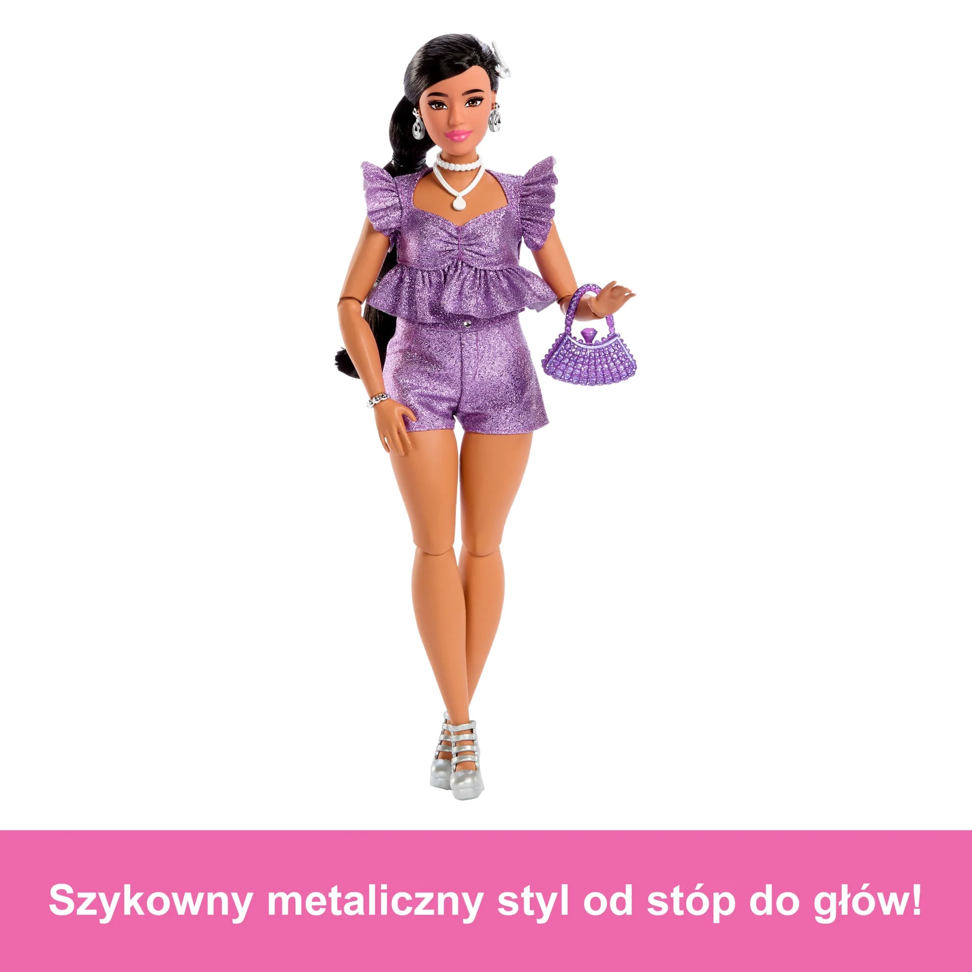 Barbie Deluxe Style Lalka modowa #8 Błyszczący fioletowy top i szorty Zabawka 4+ - Image 4