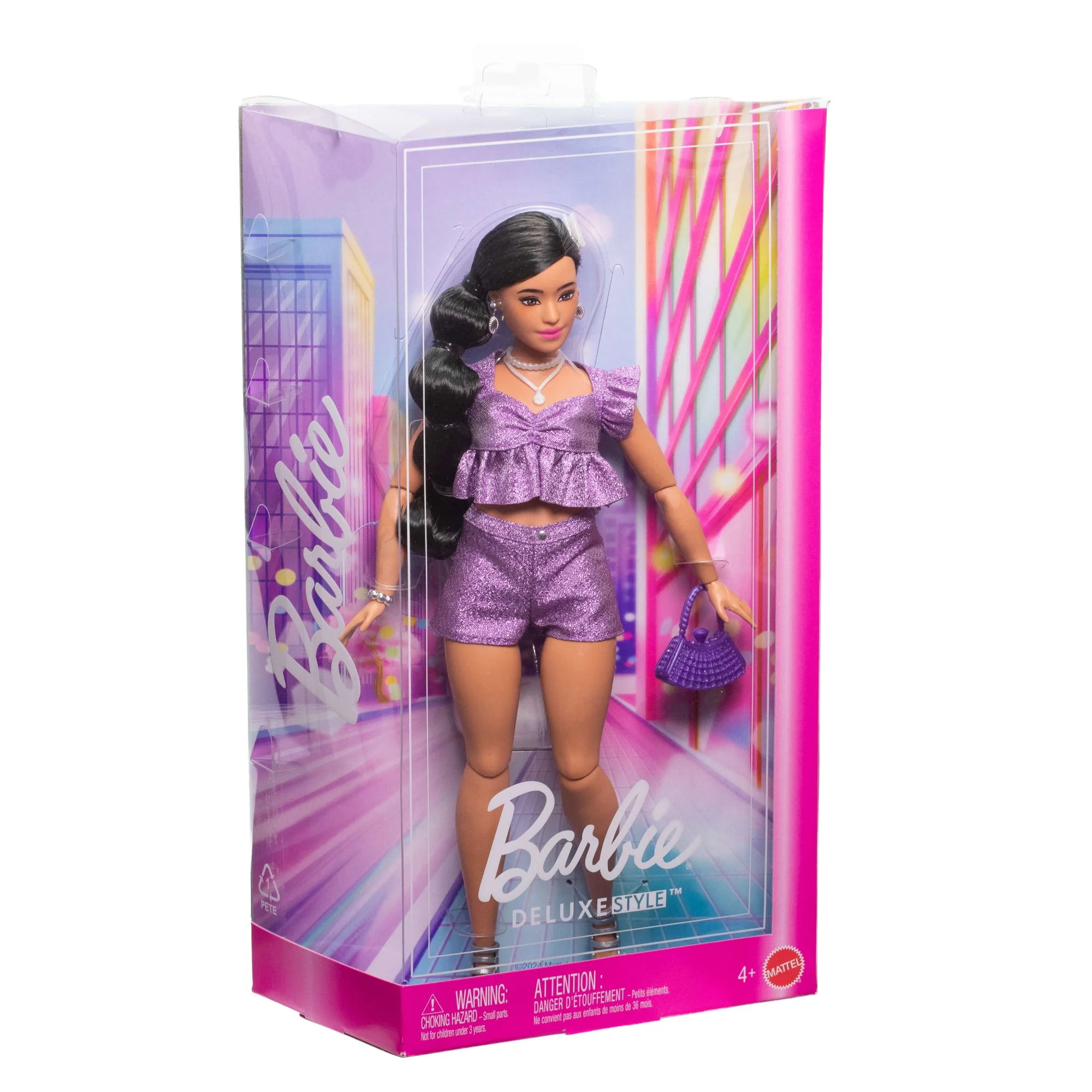 Barbie Deluxe Style Lalka modowa #8 Błyszczący fioletowy top i szorty Zabawka 4+ - Image 6