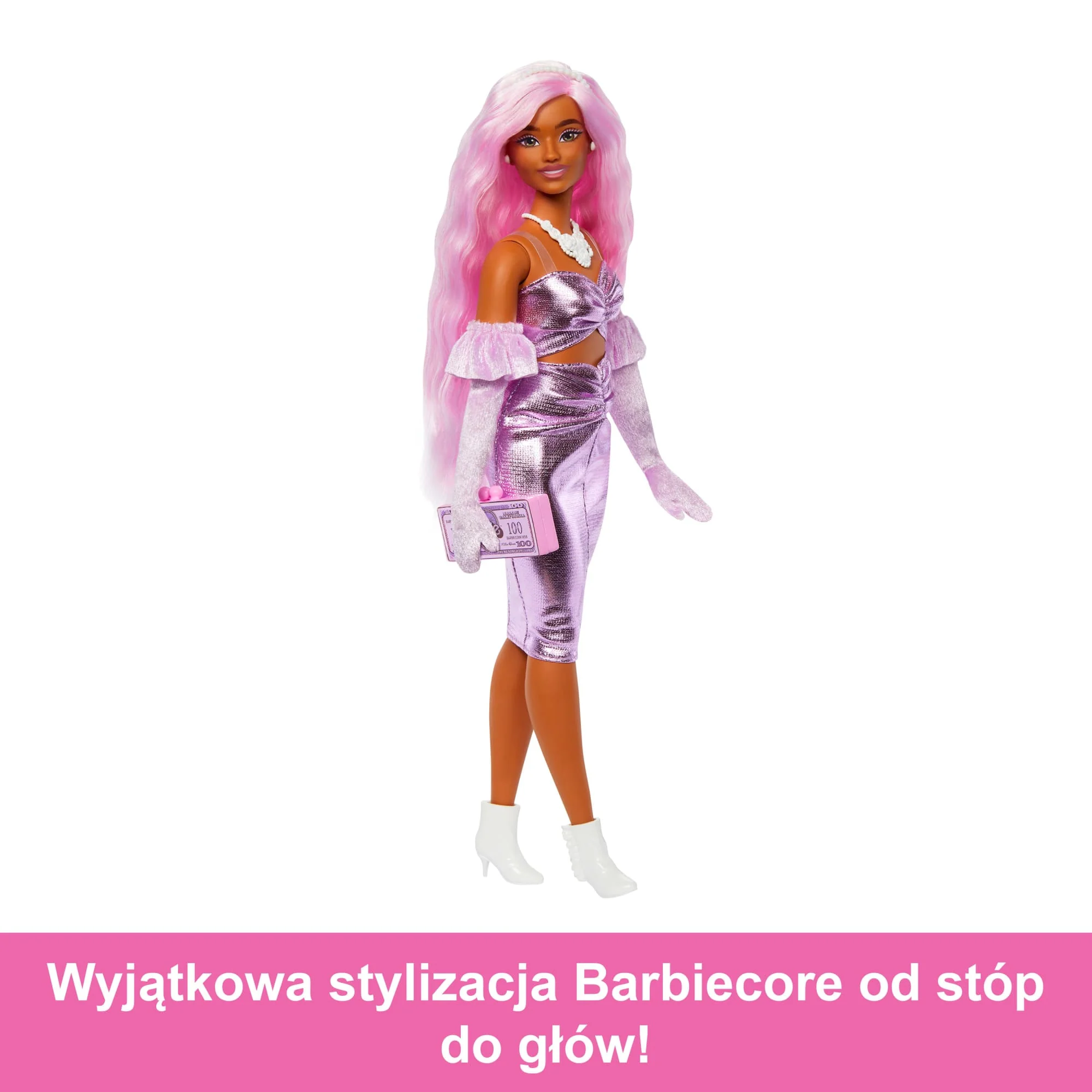 Barbie Deluxe Style Lalka #1 Metaliczna różowa sukienka Barbiecore Zabawka 4+ - Image 5
