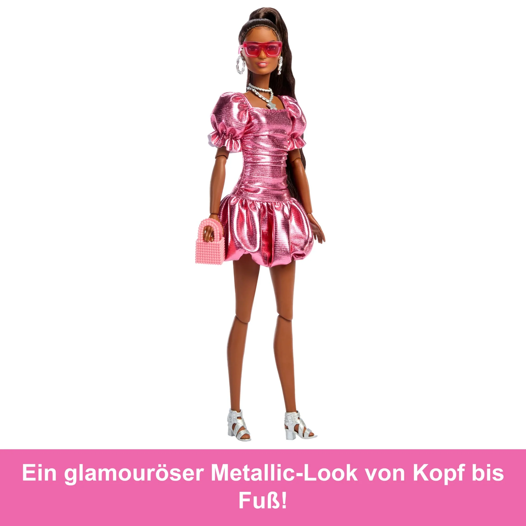 Barbie Deluxe Style-Modepuppe #6 in Korallfarbenem Metallic-Kleid Mit Ballonförmigem Saum Und Silbernen Accessoires - Image 4