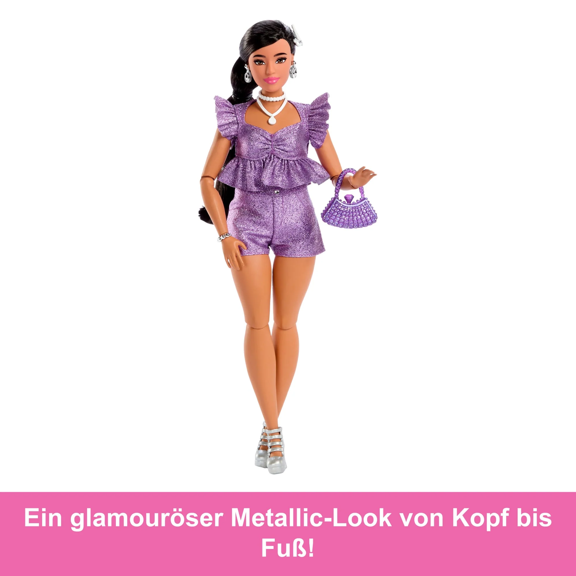 Barbie Deluxe Style-Modepuppe #8 in Violettem Metallic-Top Und Funkelnden Shorts Mit Accessoires - Image 4