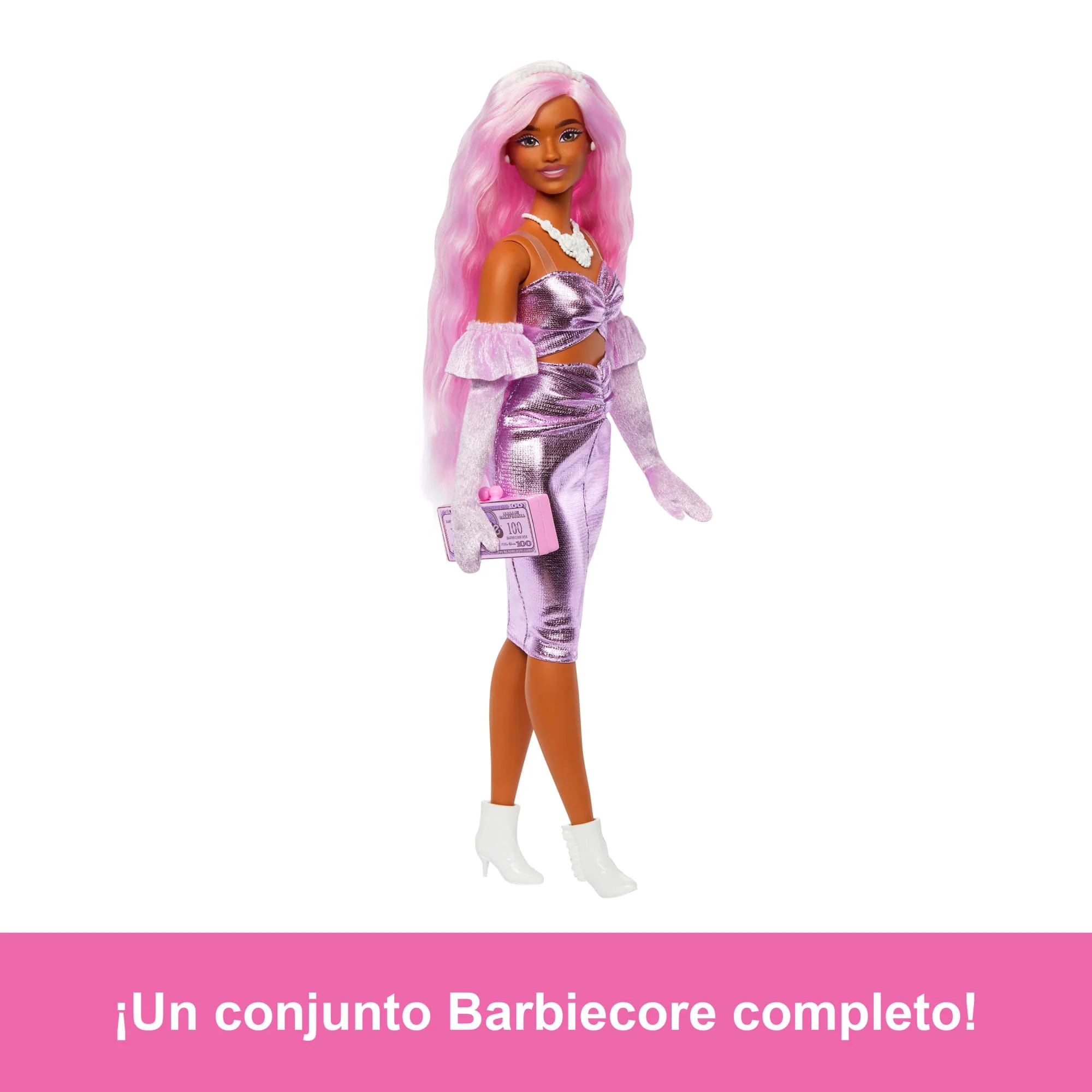 Muñeca Barbie Deluxe Style N.1 Con Vestido Barbiecore En Rosa Brillante Con Guantes De Terciopelo Y Pelo Rosa - Image 5