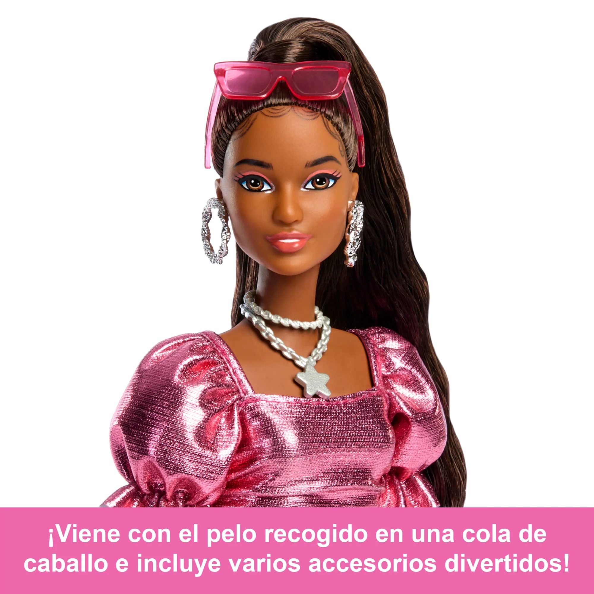 Muñeca N. 6 De Barbie Deluxe Style Con Vestido Rosa Coral Metalizado Con Volante De Burbujas Y Accesorios Plateados - Image 3