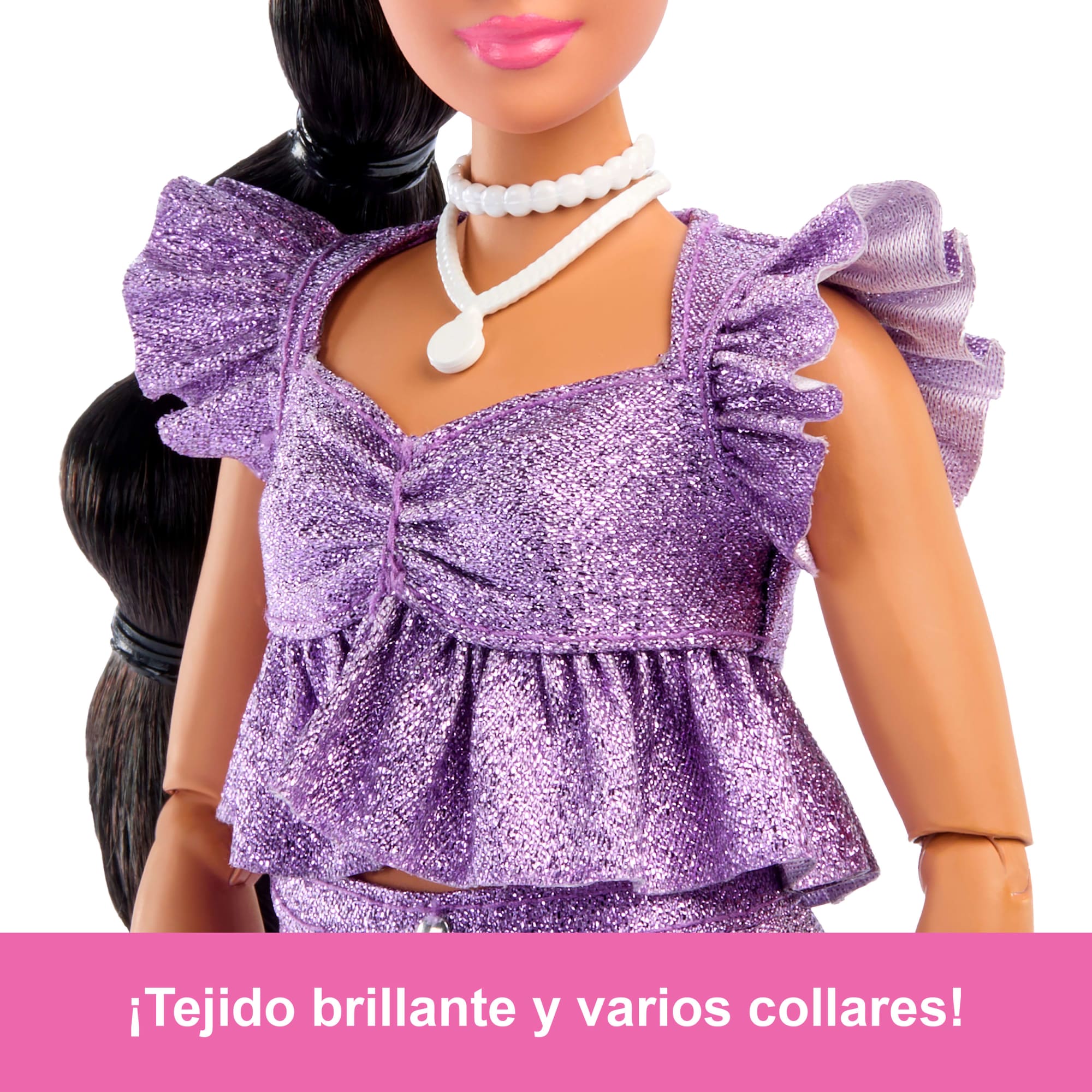 Muñeca De Moda Barbie Deluxe Style N.8 Con Top Morado Metalizado Y Pantalones Cortos Brillantes Con Accesorios - Image 2