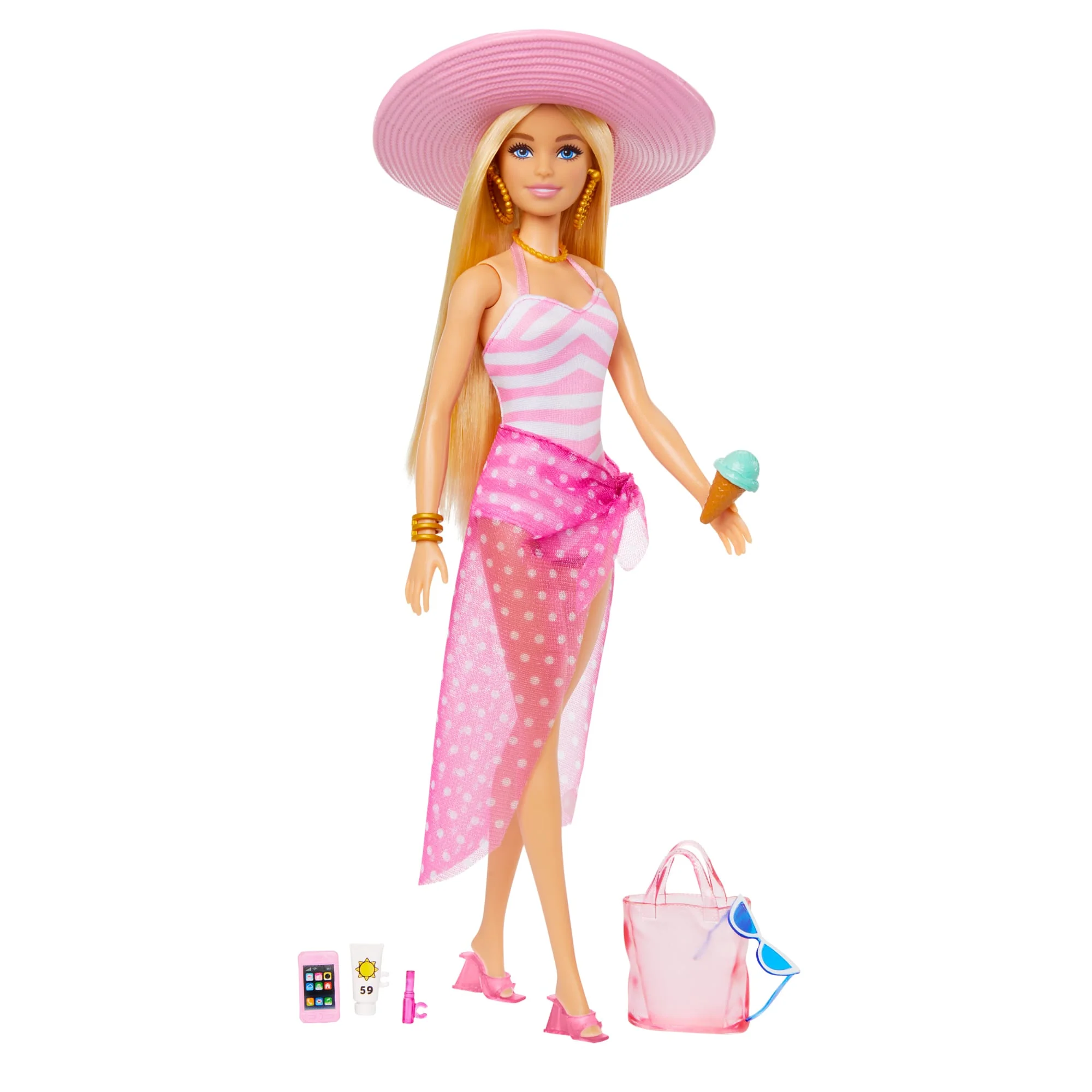 Muñeca Barbie Rubia Con Bañador Y Accesorios Playeros