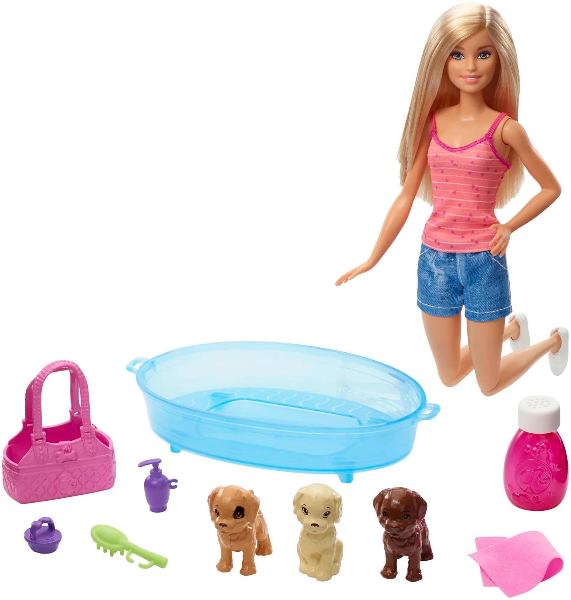 Barbie Doll, Blonde, And Playset With 3 Puppies, Bathtub And Accessories - Image 4