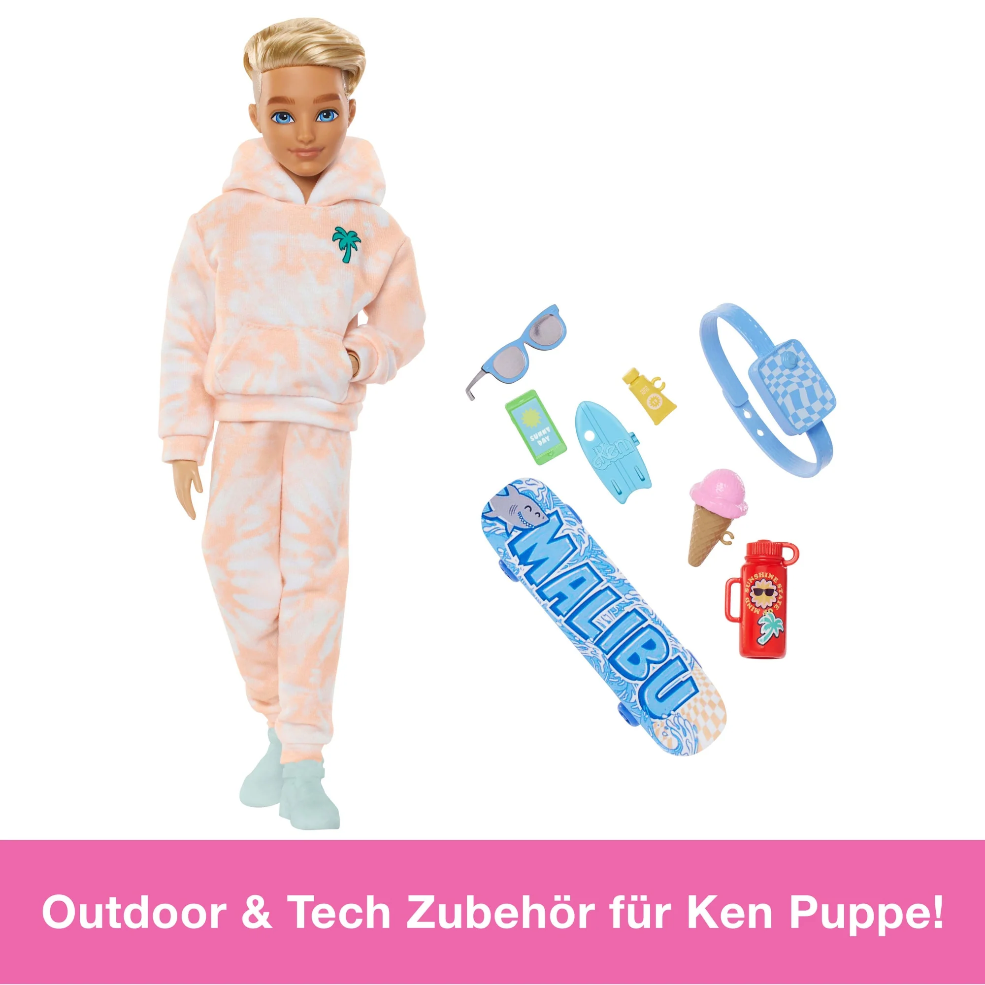 Barbie Dream Besties Ken-Modepuppe Mit 9 Zubehörteilen Zum Thema Sommer Und Skateboard - Image 3