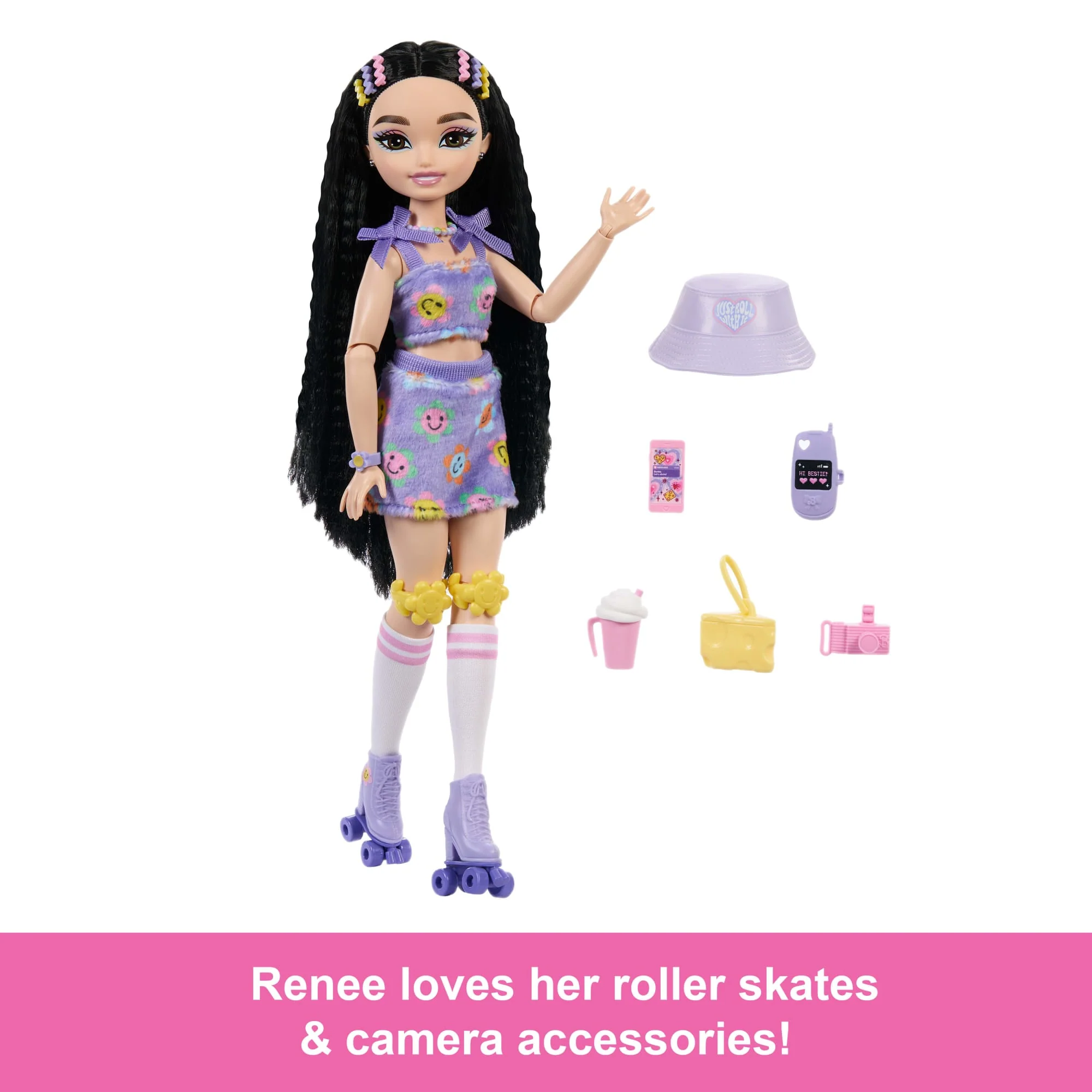 Dream Besties Barbie Renee Roller Skating Fashion Doll With 12 Video & Food Themed Accessories - Image 2