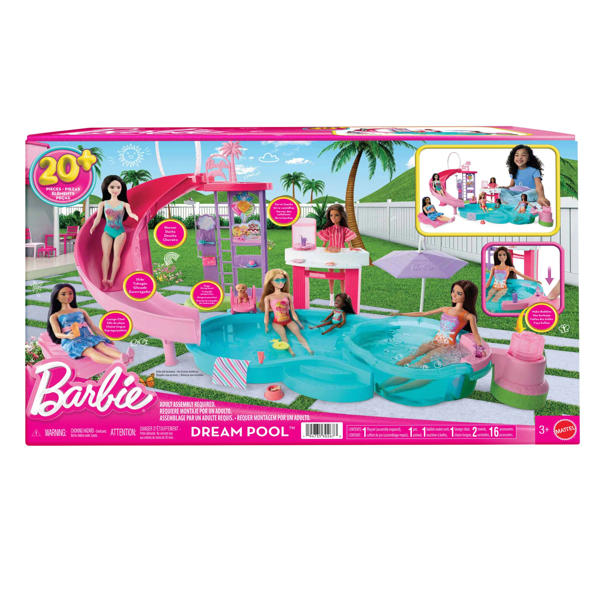 Barbie Dream Pool Playset With Slide & Bubbling Hot Tub, 20+ Accessories Including Pet, Floaties & More - Image 6