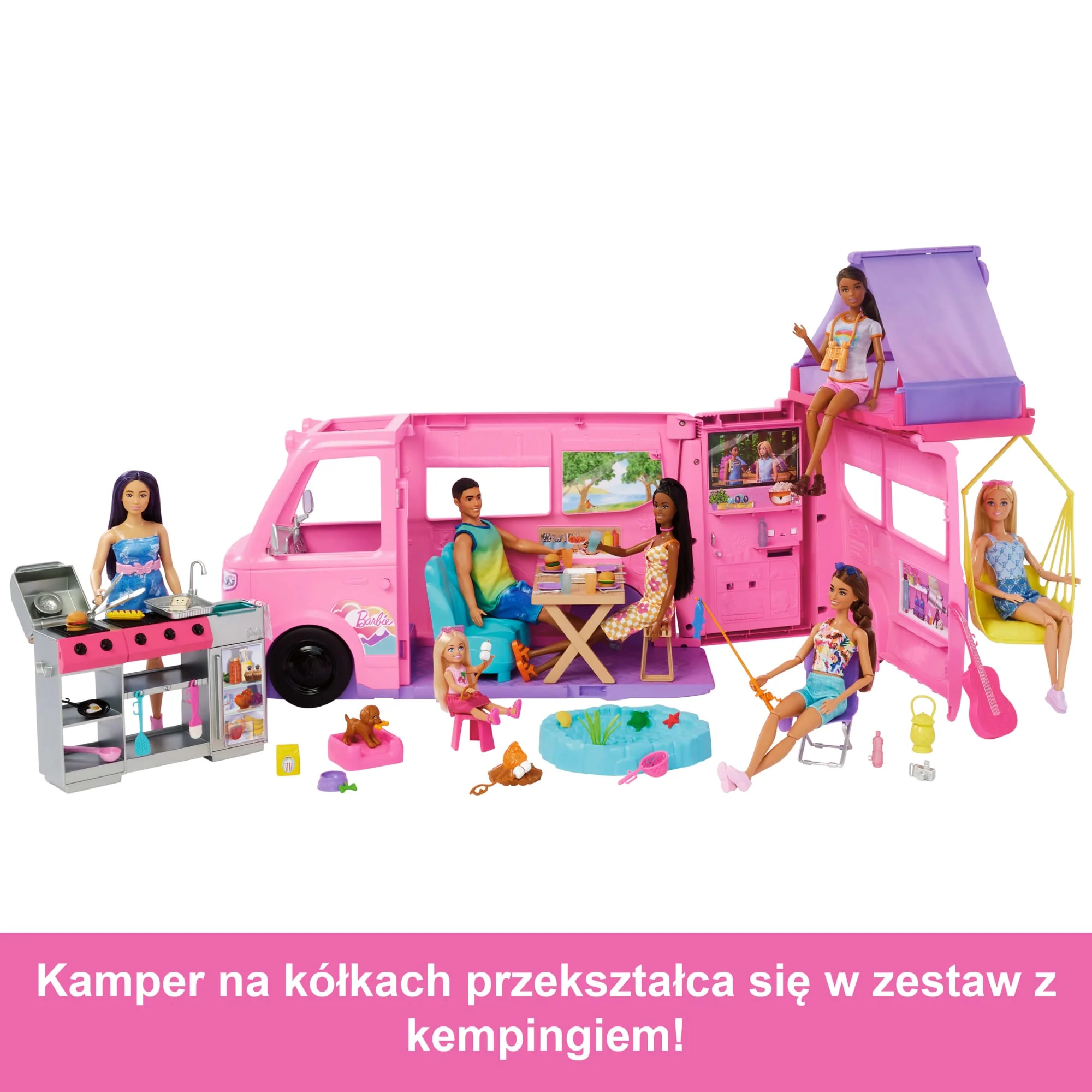Barbie Dreamcamper Kamper Marzeń Pojazd Zestaw 2 w 1, namiot na dachu, grill i ponad 60 akcesoriów Zabawka 3+ - Image 2