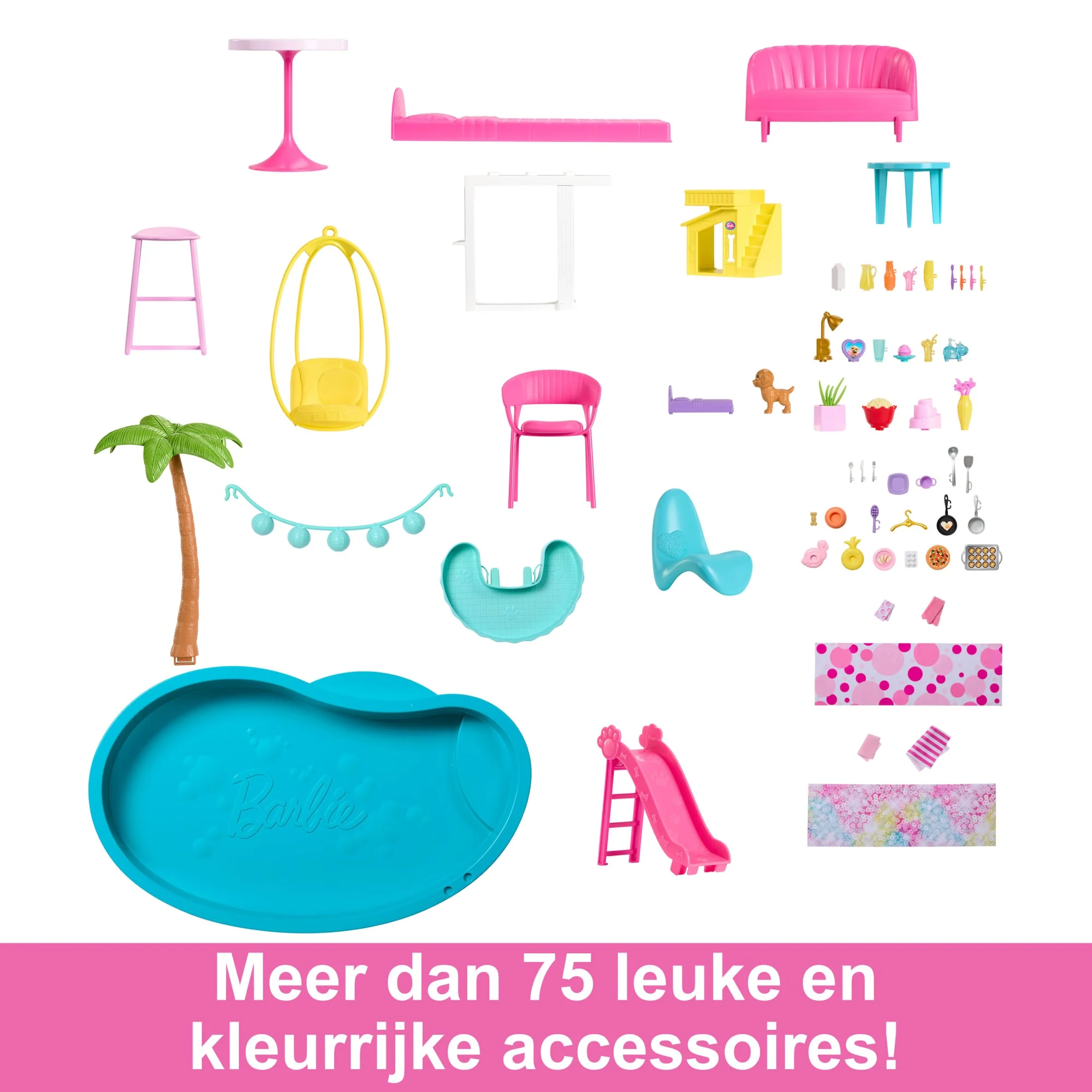 Barbie Droomhuis, Meer Dan 75 Onderdelen, Zwembadfeestje Poppenhuis Met Glijbaan Over 3 Verdiepingen - Image 3