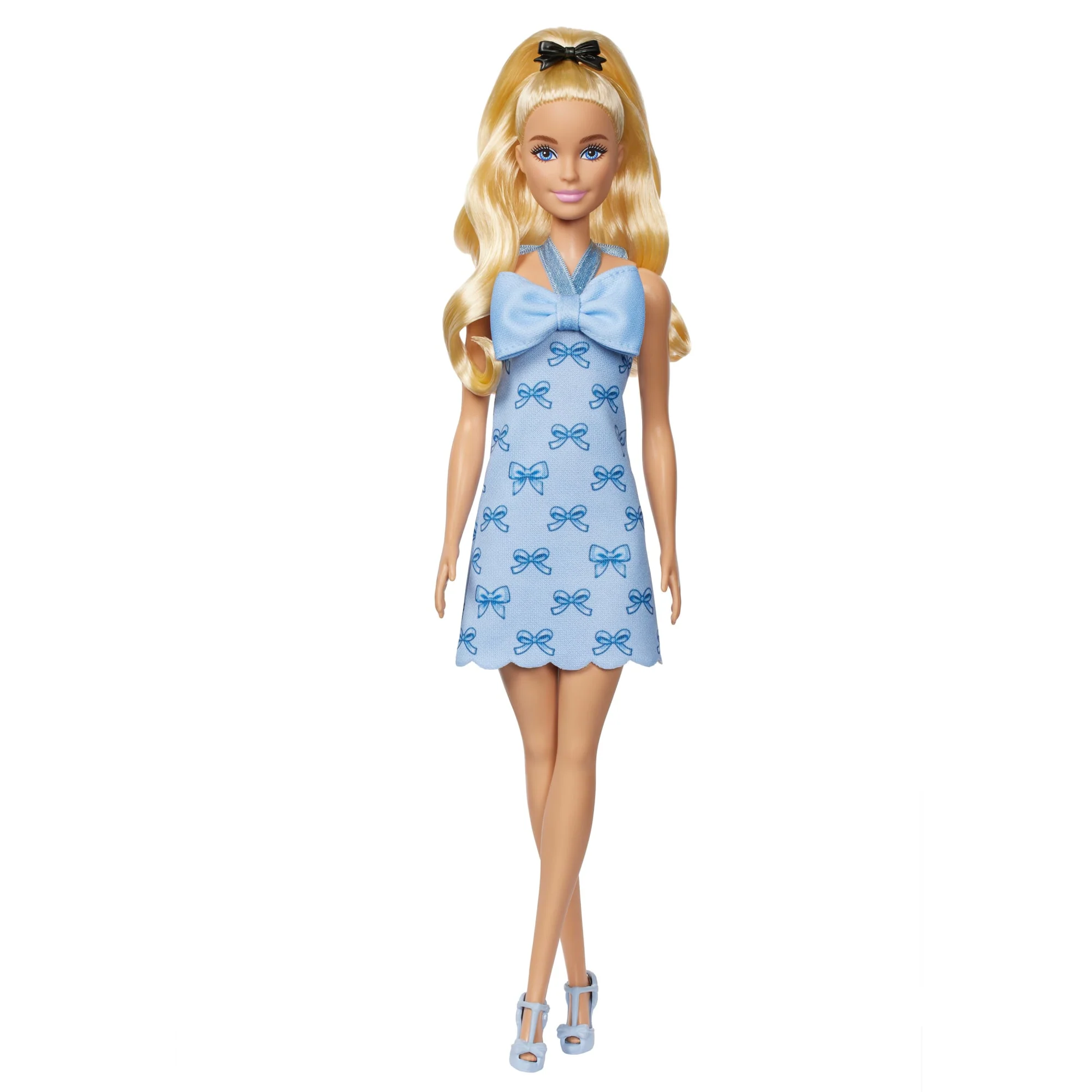 Barbie Fashionistas Doll #237 in Blue Bow Halter Dress, Blonde Ponytail With Bow Accessory - Image 4