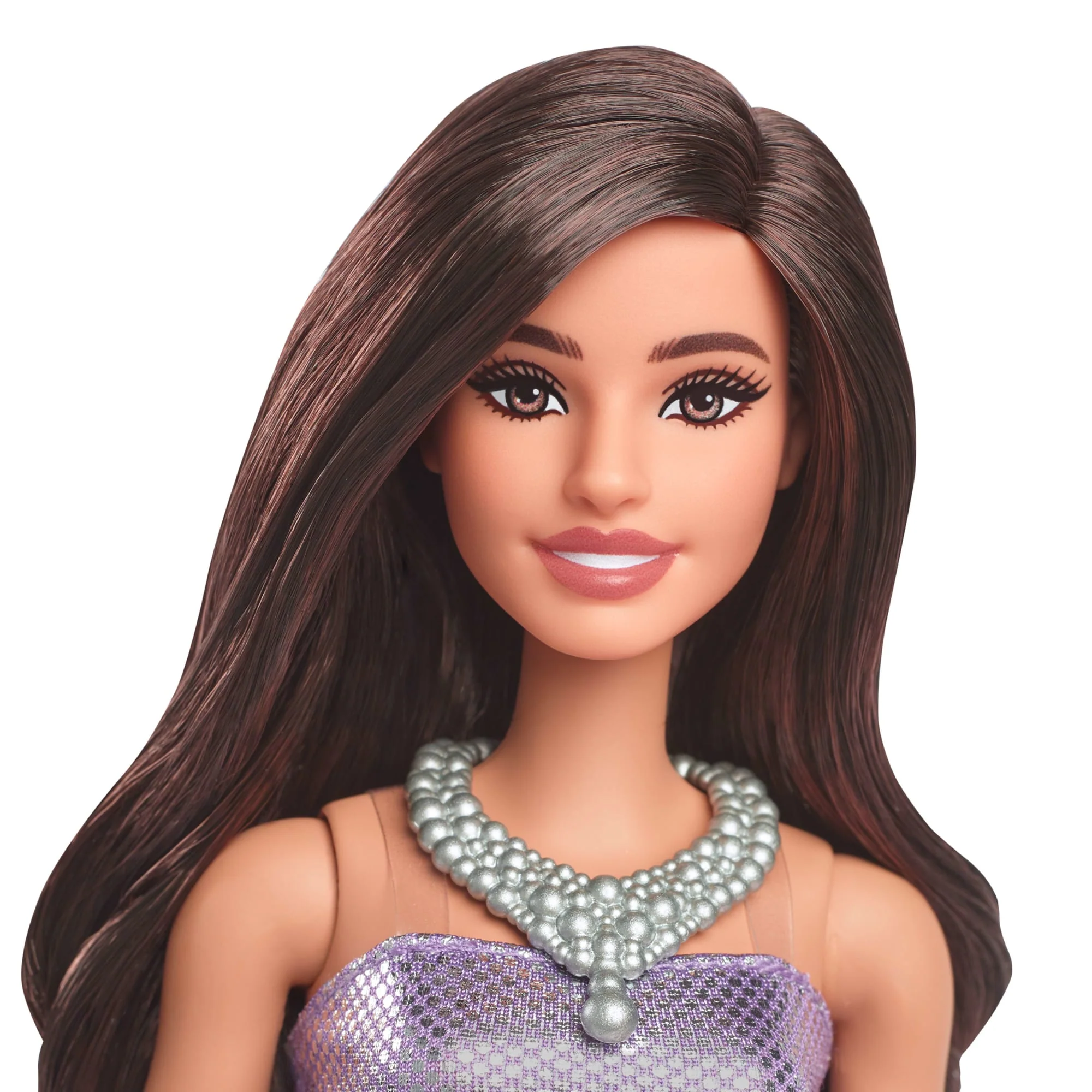 Barbie Fashionistas Doll #234 in Sequined Purple Dress And Silvery Accessories, Brown Hair - Image 3