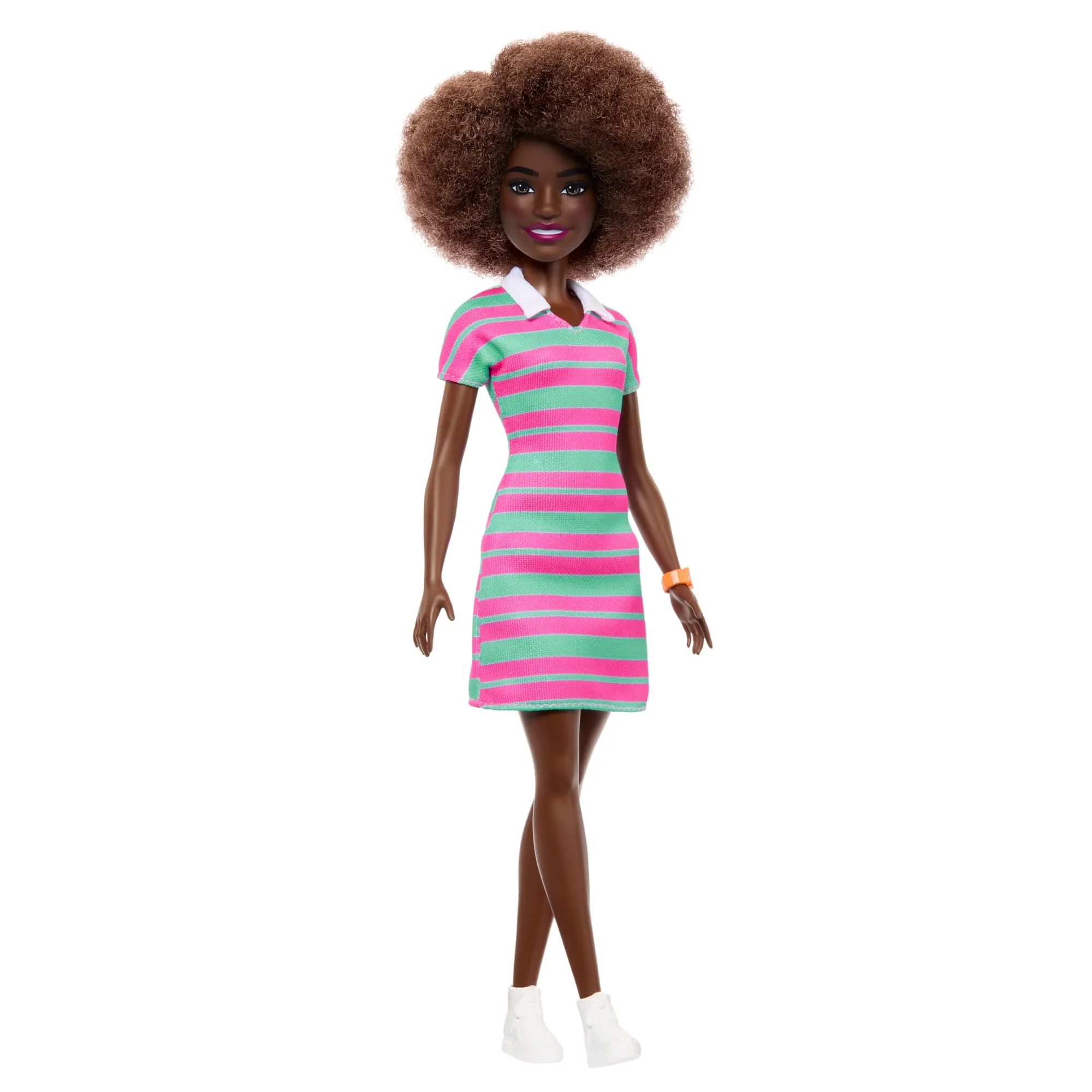 Barbie Fashionistas Doll #247 With Pink And Green Striped Dress, Curly Black Hair - Image 5