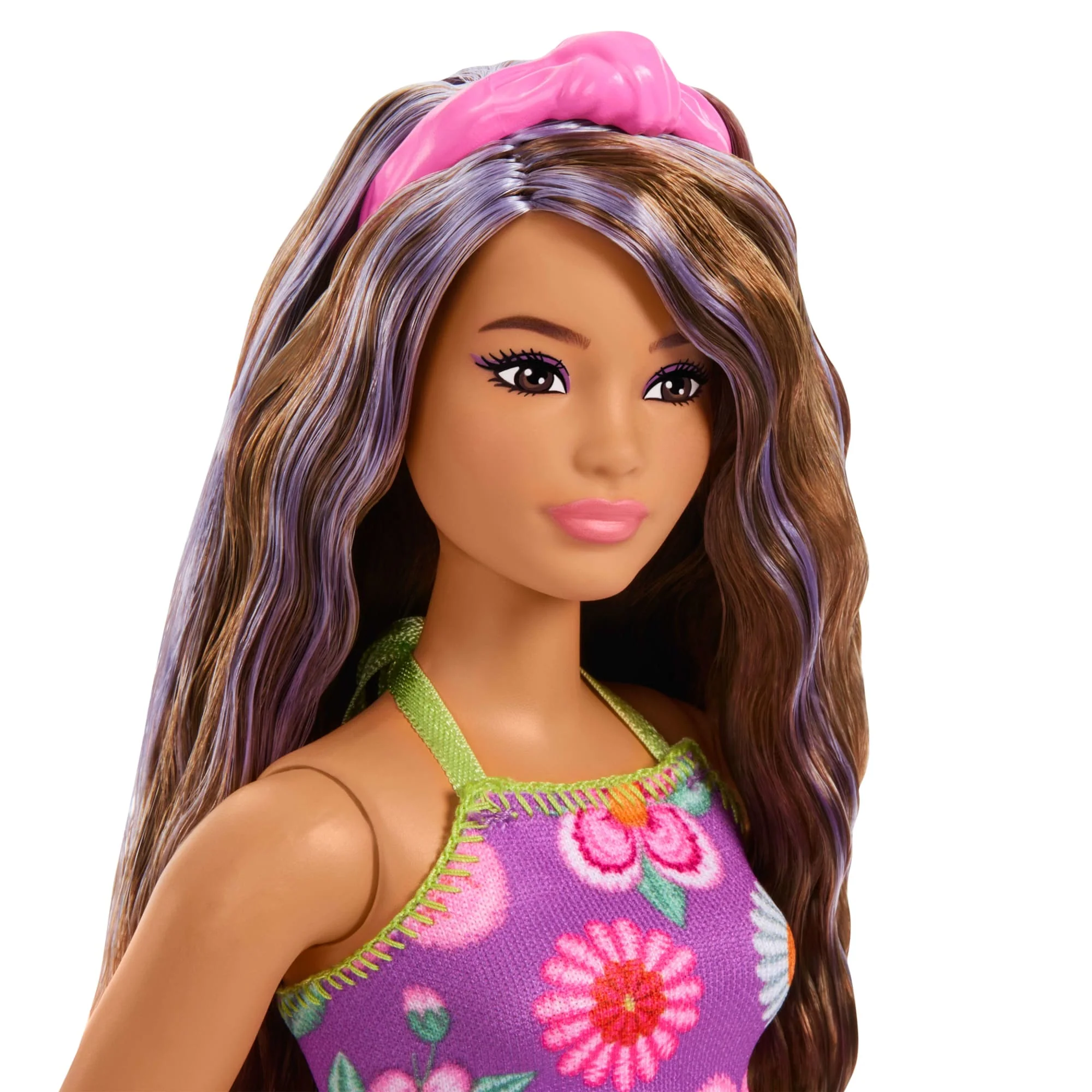 Barbie Fashionistas-Puppe Nr. 244 in Einem Neckholder-Kleid Mit Blumenmuster, Mit Braunem Haar Mit Violetten Strähnchen - Image 3