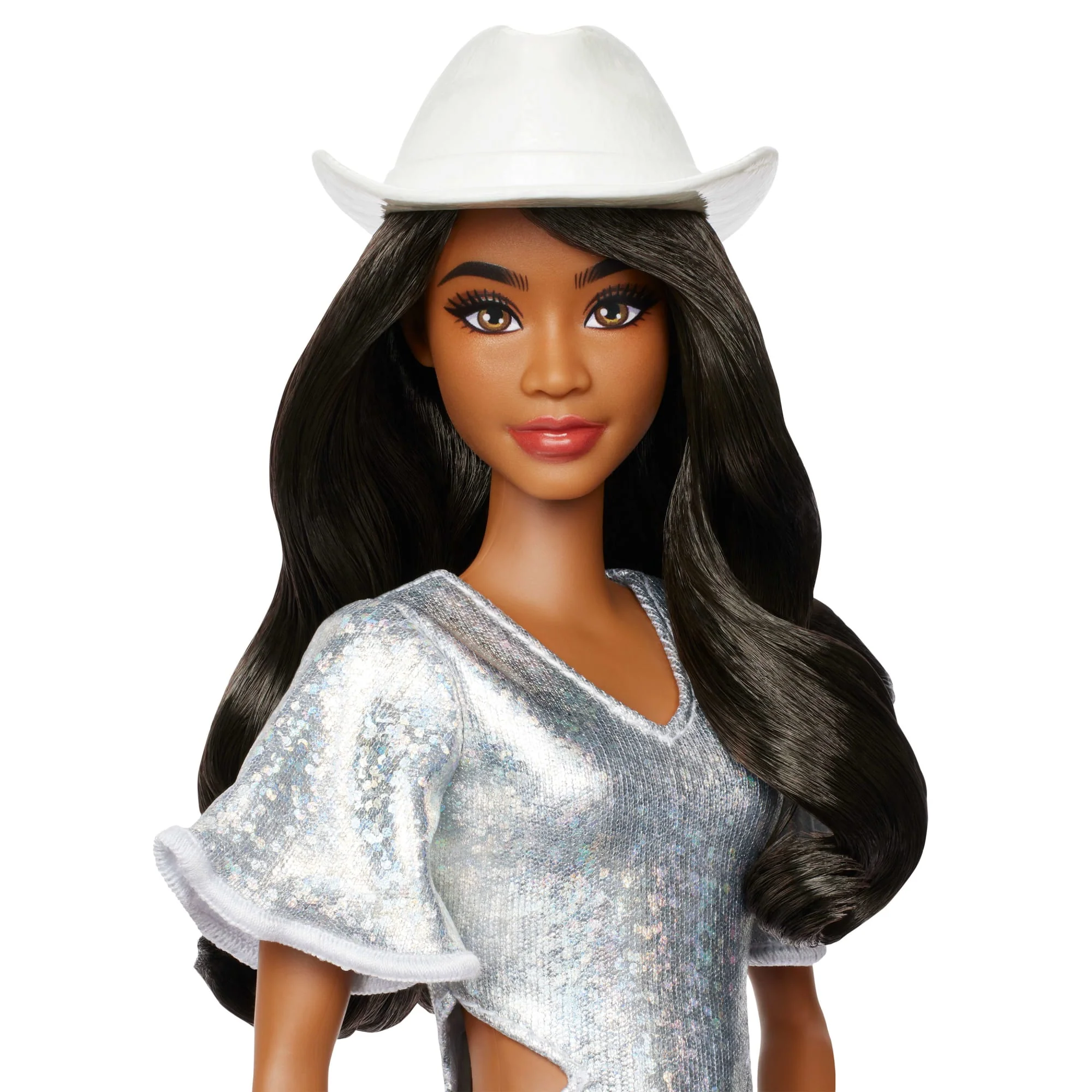 Barbie Fashionistas-Puppe Nr. 239 in Funkelndem Silbernen Kleid Mit Cowboyhut Und Stiefeln, Schwarze Haare - Image 3