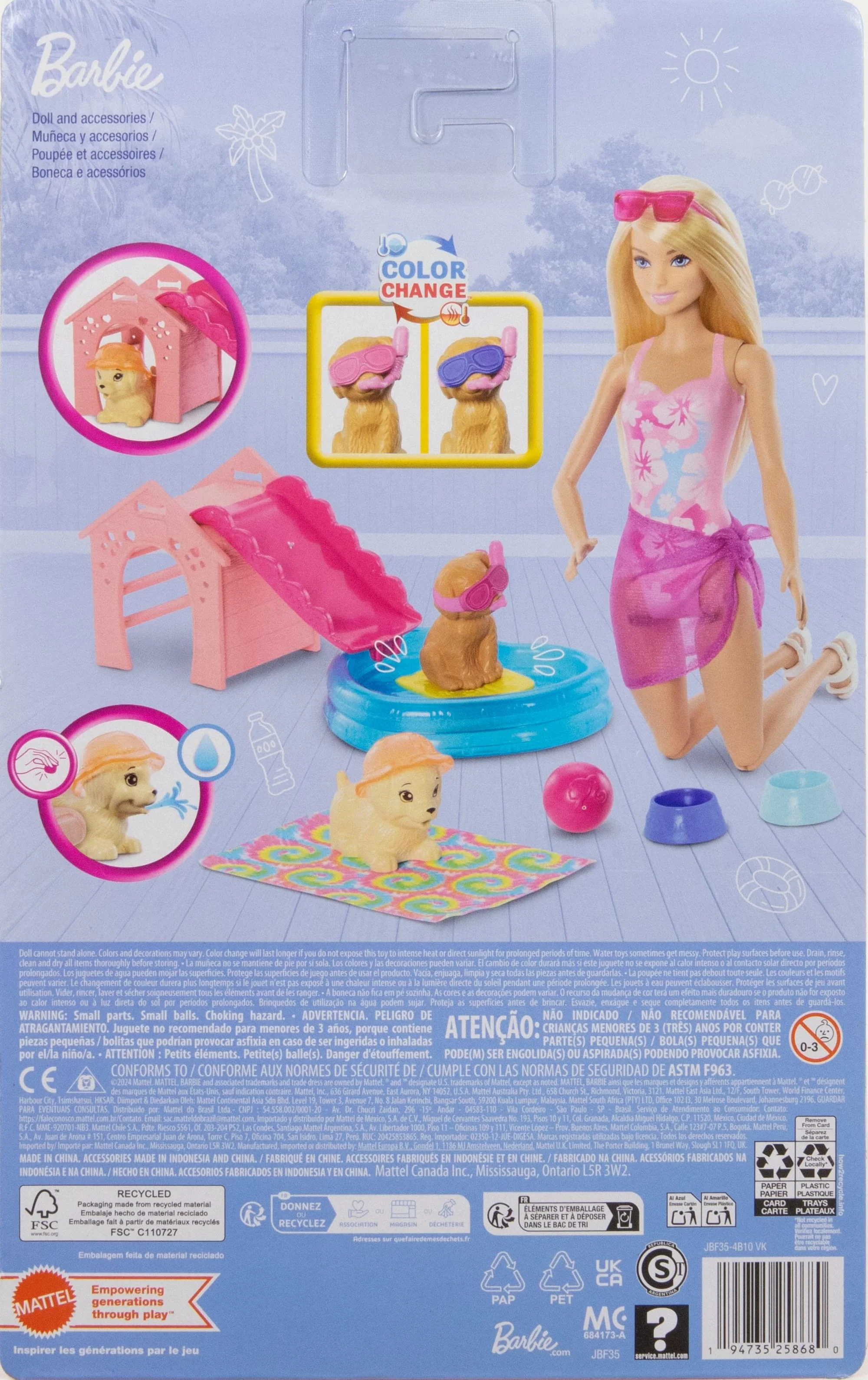 Barbie Fiesta De Cachorros En La Piscina Conjunto De Juego Con Muñeca, Piscina, Casita Para Perros Y Tobogán, DOS Figuras De Mascotas Y Seis Accesorios - Image 4