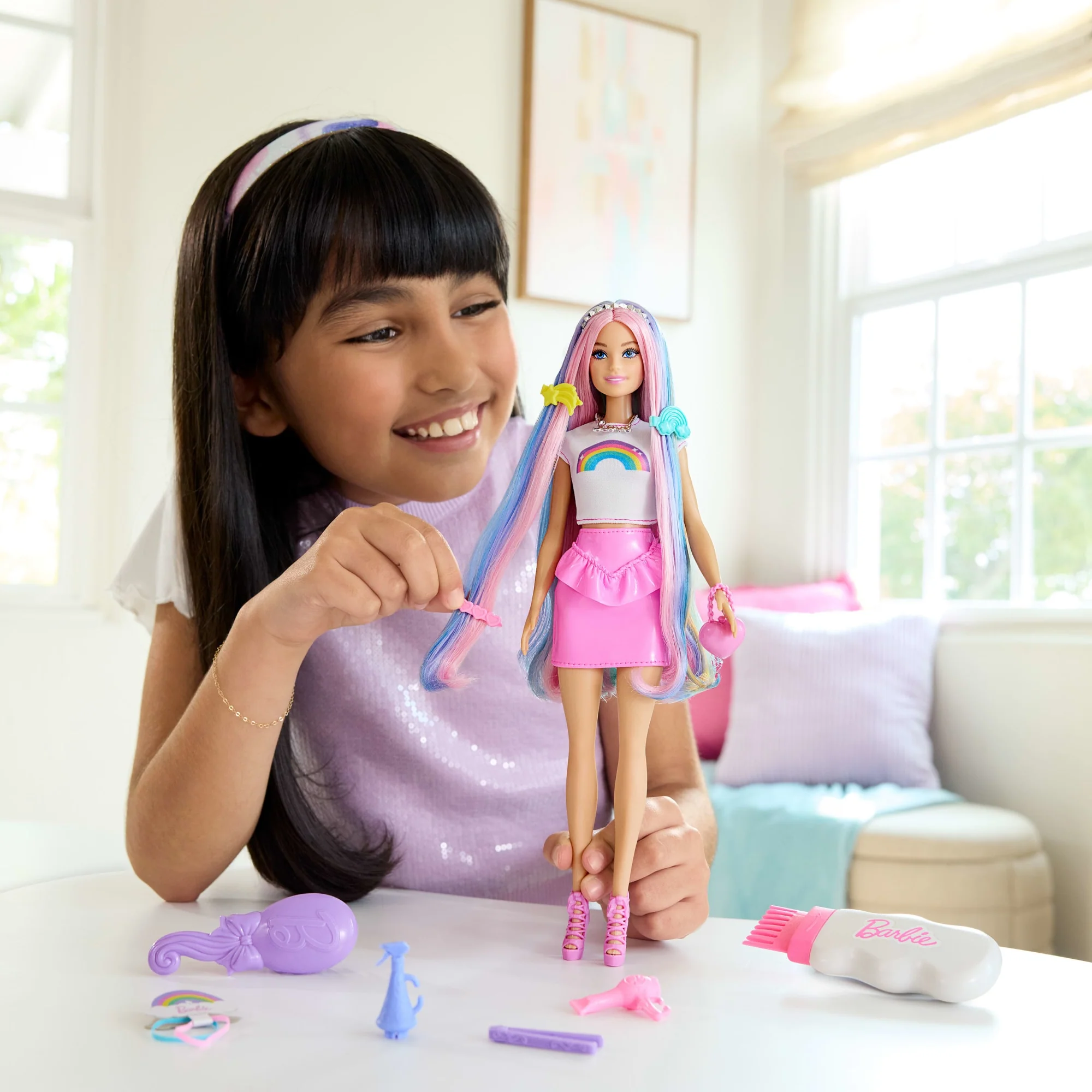 Ekstra Uzun Saçlı Barbie Gökkuşağı Saçlar Bebekleri, 12 Saç Şekillendirme Aksesuarı - Image 2