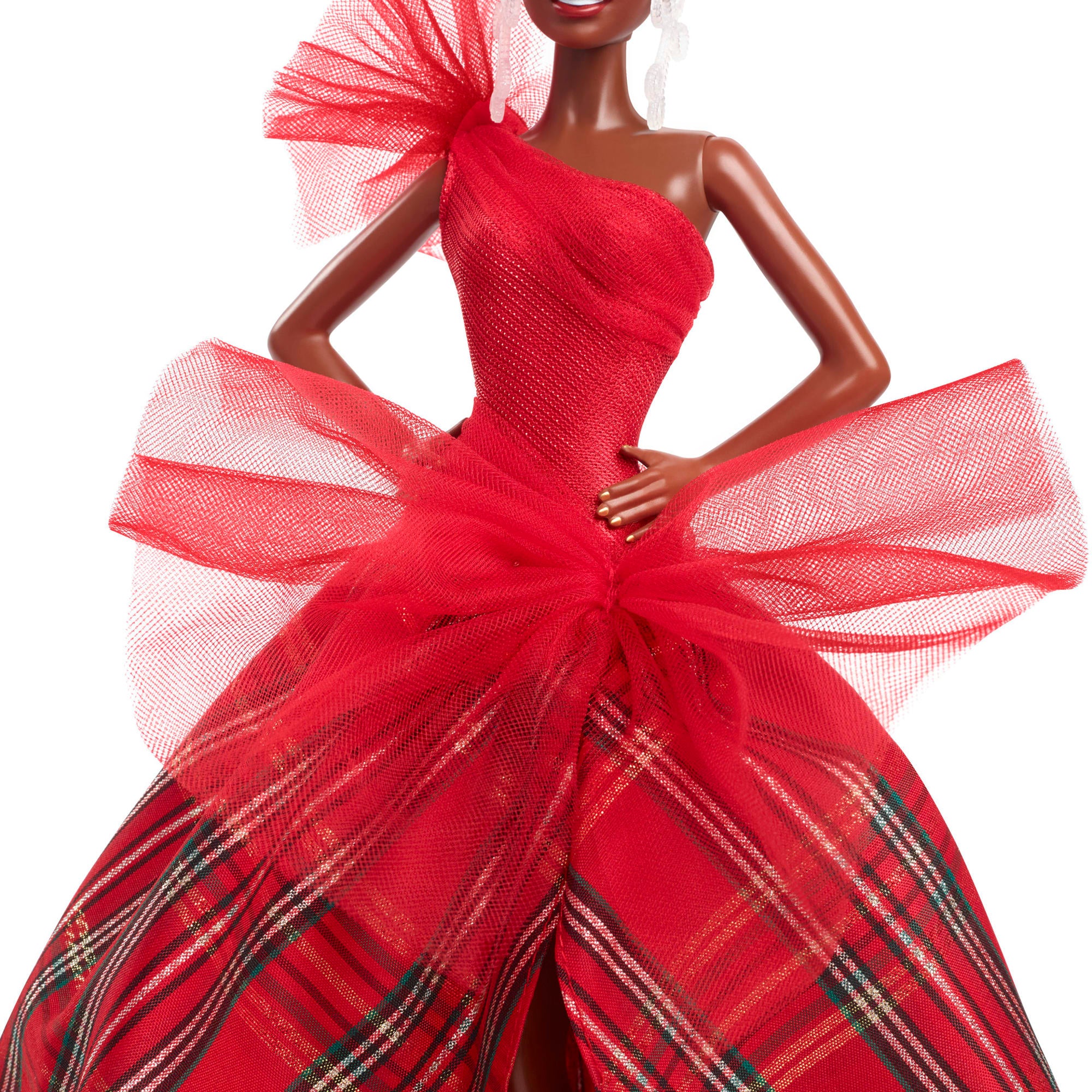 Barbie Poupée Barbie Joyeux Noël 2024 Poupée De Collection Aux Cheveux Noirs Avec Robe À Carreaux Dans Un Emballage À Exposer - Image 3