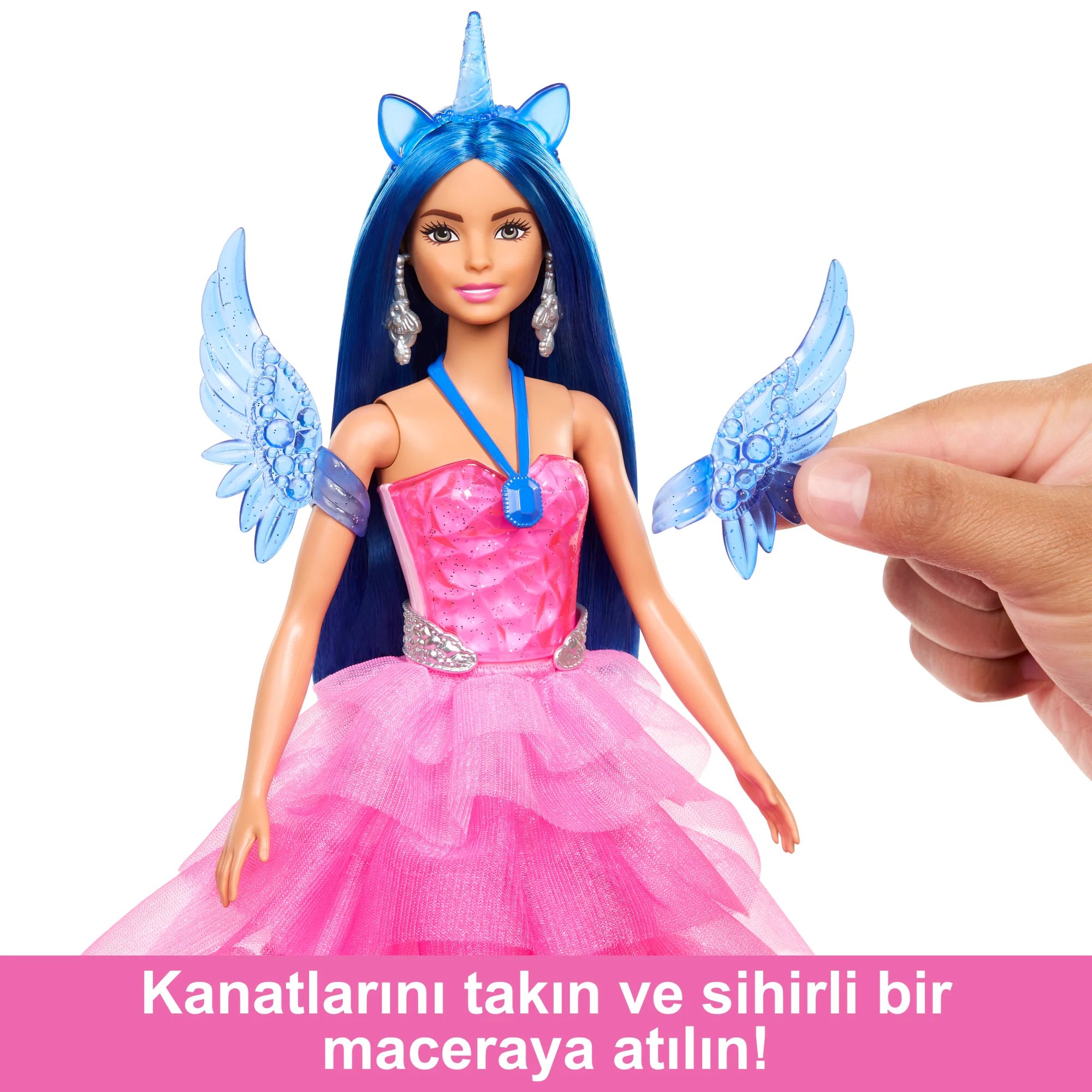 Barbie, 65. Yıla Özel, Mavi Saçlı, Pembe Elbiseli Bebek Ile Hayvan Dostu Kanatlı Tekboynuz - Image 3