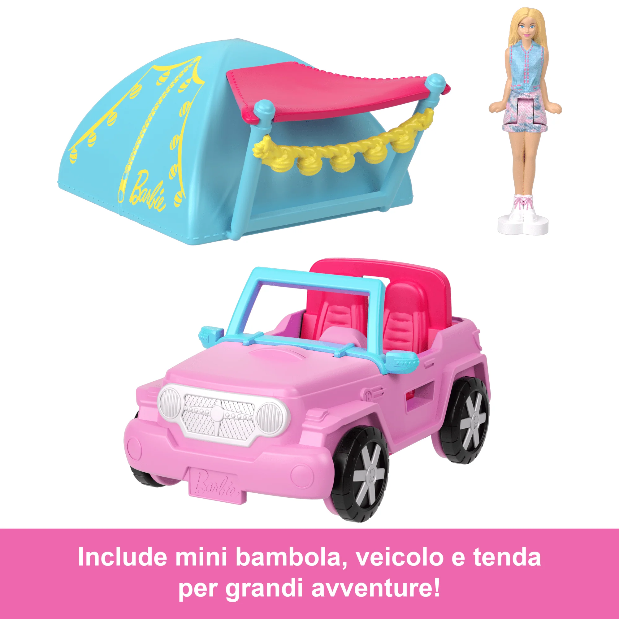Barbie Mini Barbieland, Set Con Veicolo E Bambola Da 3,8 Cm, Suv Cambia Colore E Tenda - Image 5