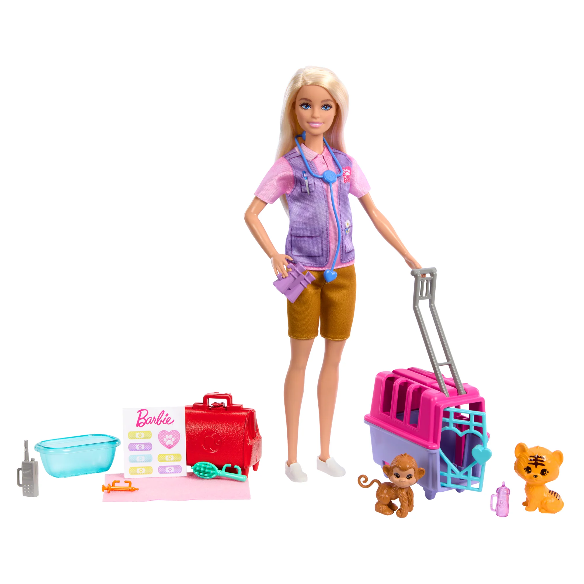 Conjunto De Juego Rescate Y Cuidado De Animales De Barbie Con Muñeca Rubia, DOS Figuras De Animales Y Accesorios