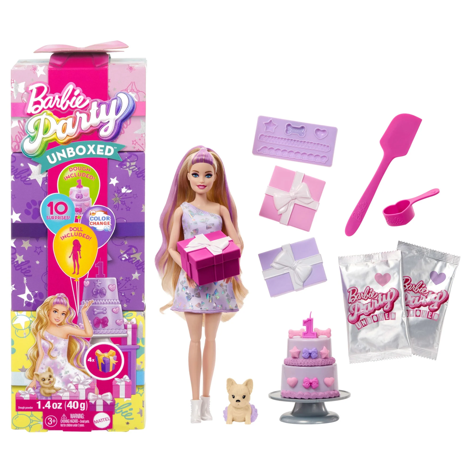 Barbie Party Unboxed Imprezowe niespodzianki Urodziny pieska Lalka, figurka zwierzątka i akcesoria Zestaw Urodzinowe kokardki 10 niespodzianek Zabawka 3+