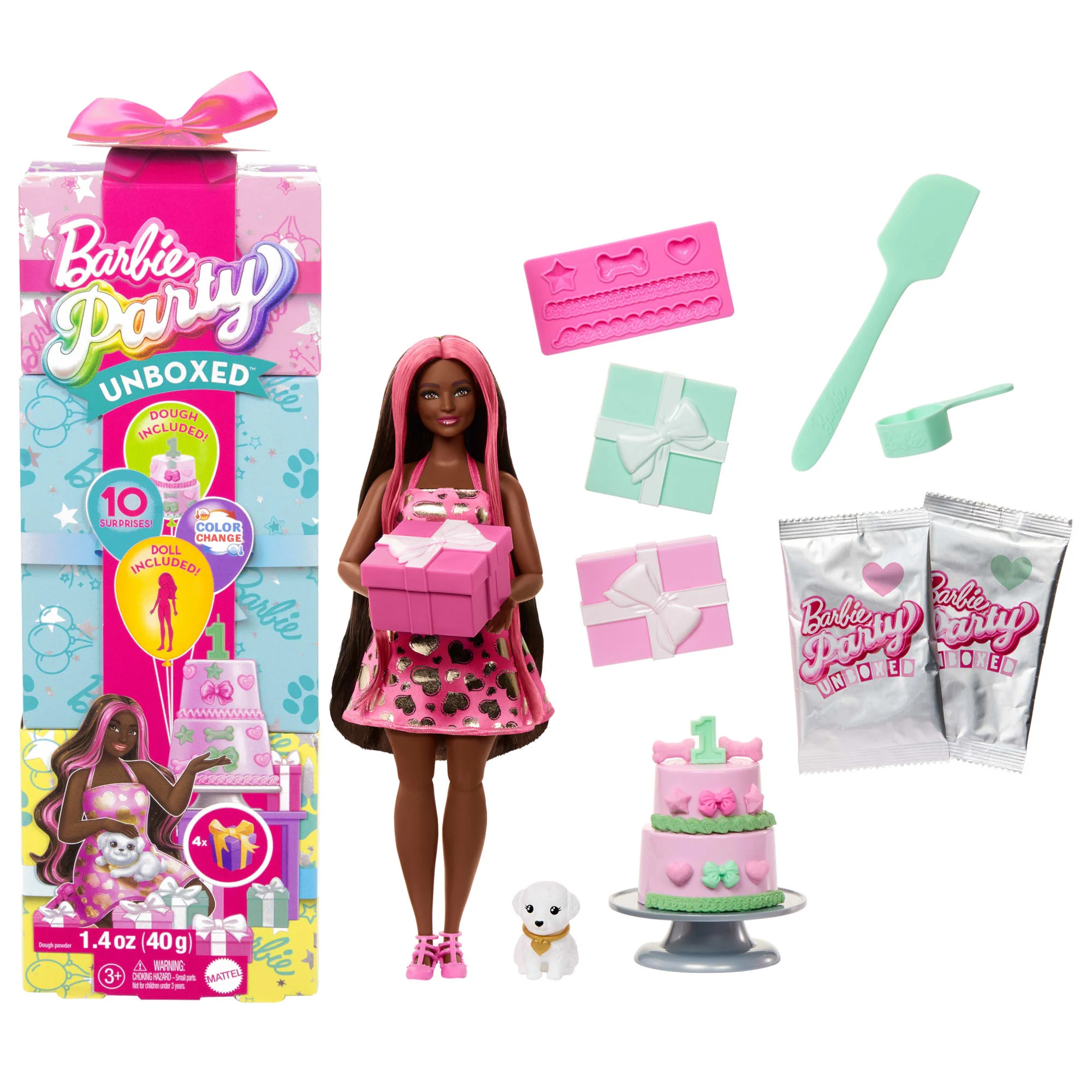 Barbie Party Unboxed Imprezowe niespodzianki Urodziny pieska Lalka, figurka zwierzątka i akcesoria Zestaw Błyszczące serduszka 10 niespodzianek Zabawka 3+