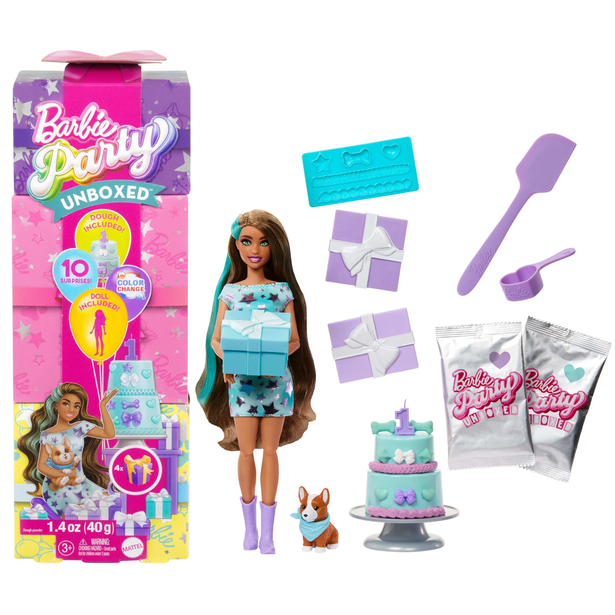 Barbie Party Unboxed Imprezowe niespodzianki Urodziny pieska Lalka, figurka zwierzątka i akcesoria Zestaw Wieczorowe gwiazdki 10 niespodzianek Zabawka 3+