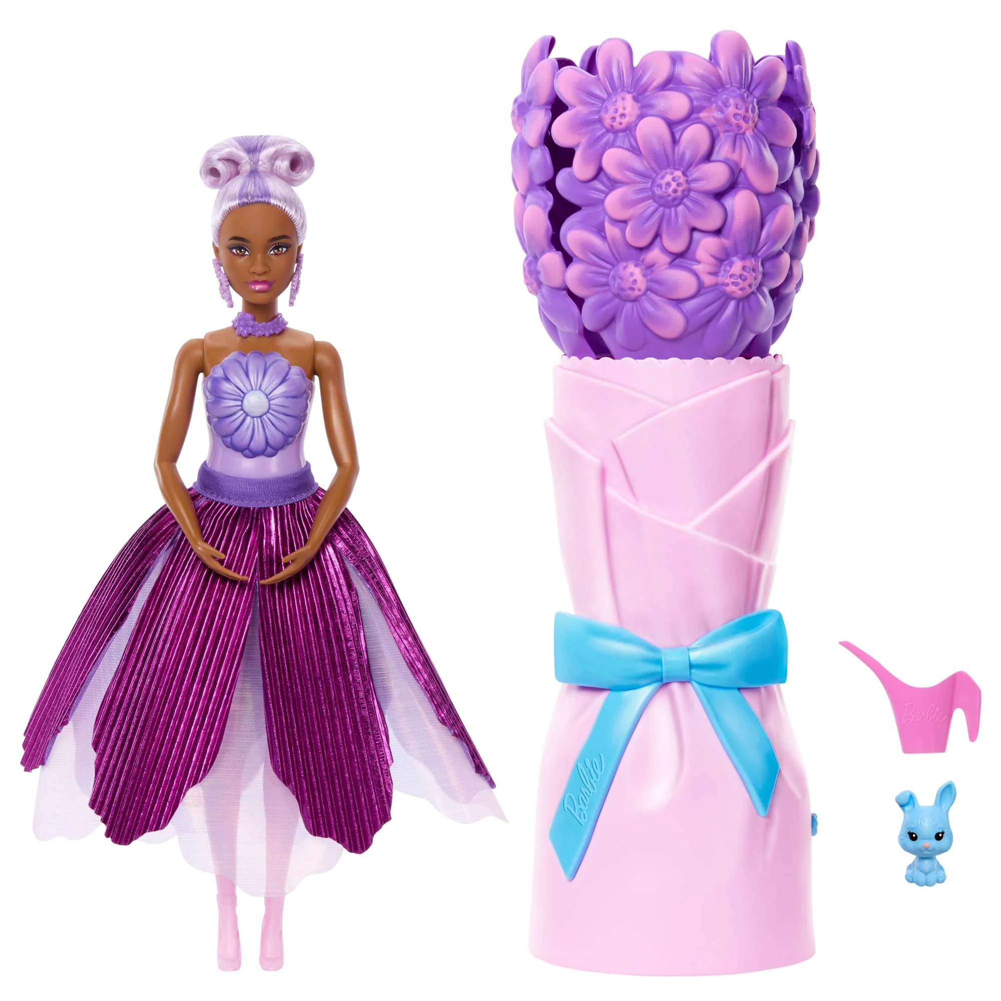 Barbie Petal Pop Geparfumeerde Modepop Met Paarse Jurk, Onthullingsaccessoires Zoals Konijn En Meer
