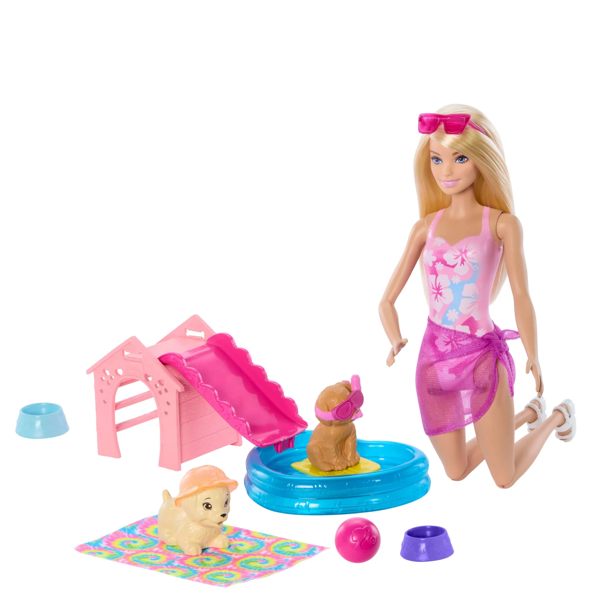 Σετ Παιχνιδιού Barbie Pool Party Με Κούκλα, Πισίνα, Σπιτάκι Σκύλου Και Τσουλήθρα, 2 Φιγούρες Σκύλων Και 6 Αξεσουάρ