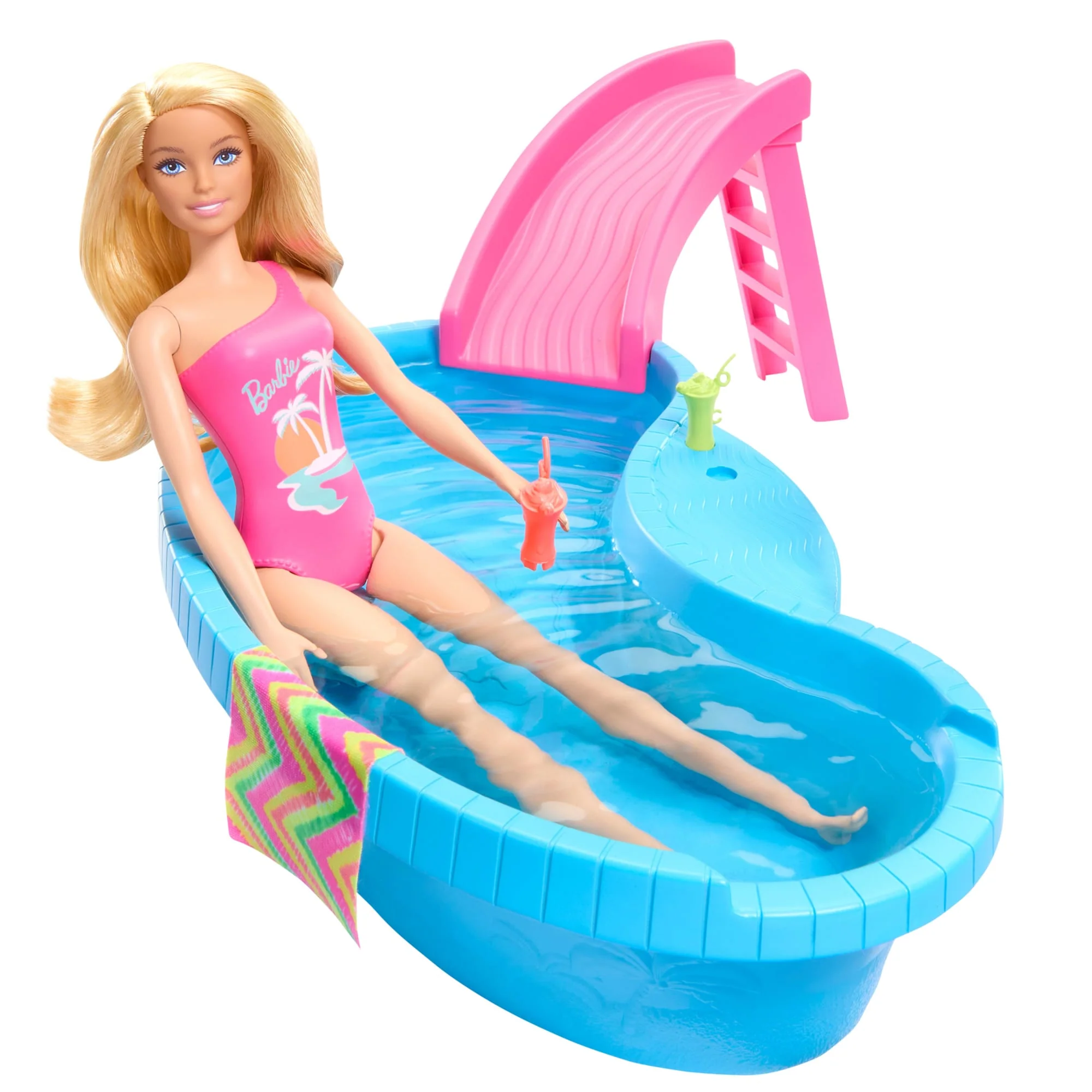 Barbie Pop En Zwembad, Speelset, Blonde Pop Met Zwembad, Glijbaan, Handdoek En Drinkaccessoires - Image 2