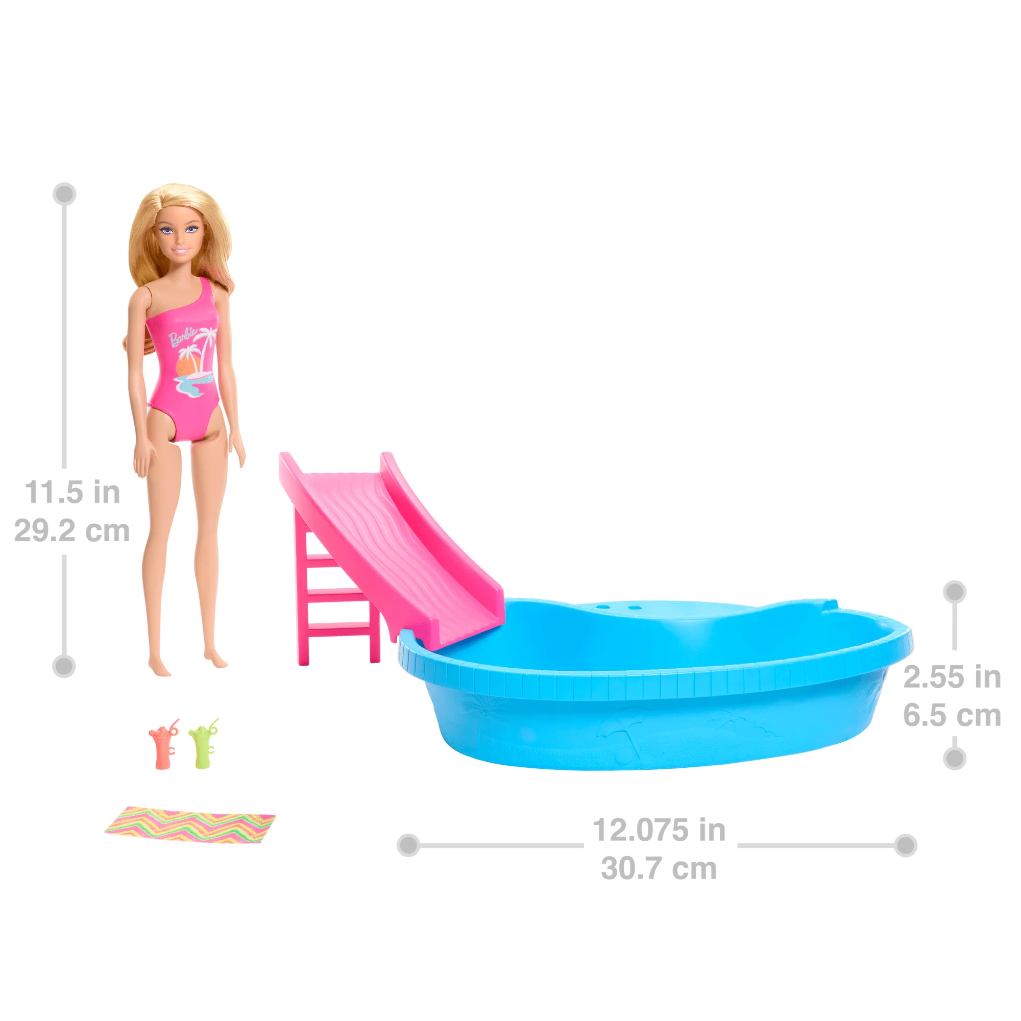 Barbie Pop En Zwembad, Speelset, Blonde Pop Met Zwembad, Glijbaan, Handdoek En Drinkaccessoires - Image 5