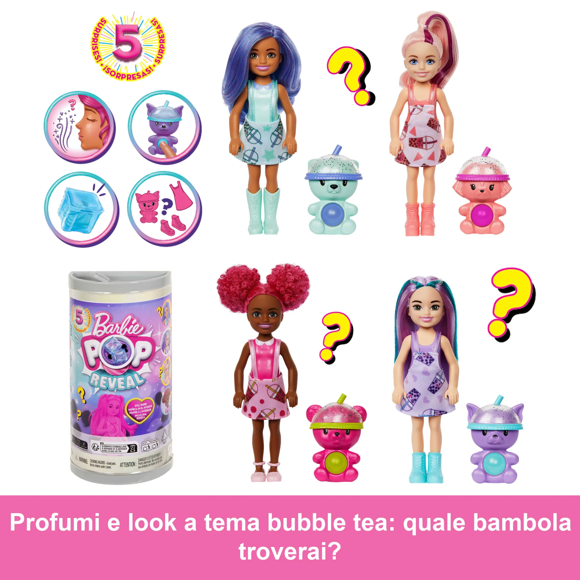 Barbie Chelsea Pop Reveal Serie Bubble Tea, Bambola in Una Confezione Ispirata Alle Scatole Da Tè Con 5 Sorprese, Profumata (I Modelli Possono Variare) - Image 3