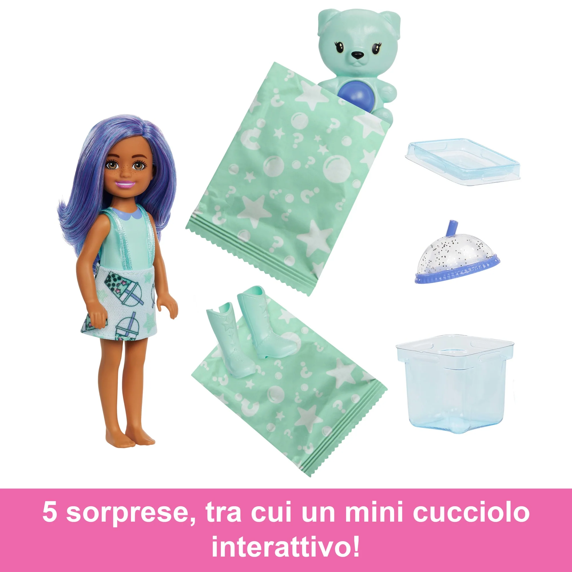 Barbie Chelsea Pop Reveal Serie Bubble Tea, Bambola in Una Confezione Ispirata Alle Scatole Da Tè Con 5 Sorprese, Profumata (I Modelli Possono Variare) - Image 5