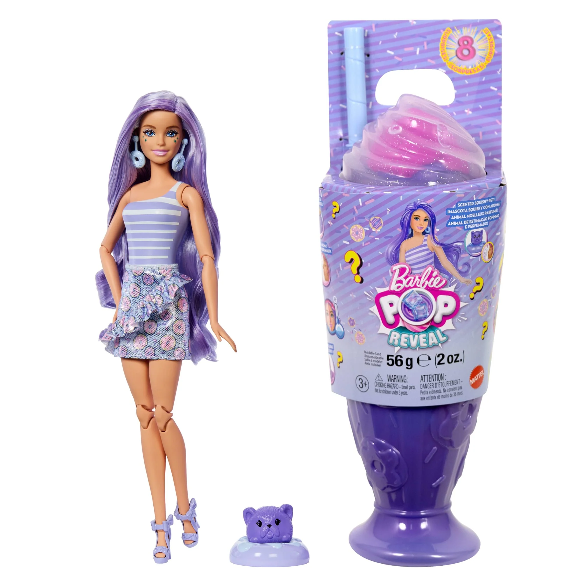 Barbie Pop Reveal Seria Stylowy deser Lalka, figurka zwierzątka i akcesoria Zestaw fioletowy Zabawka 3+