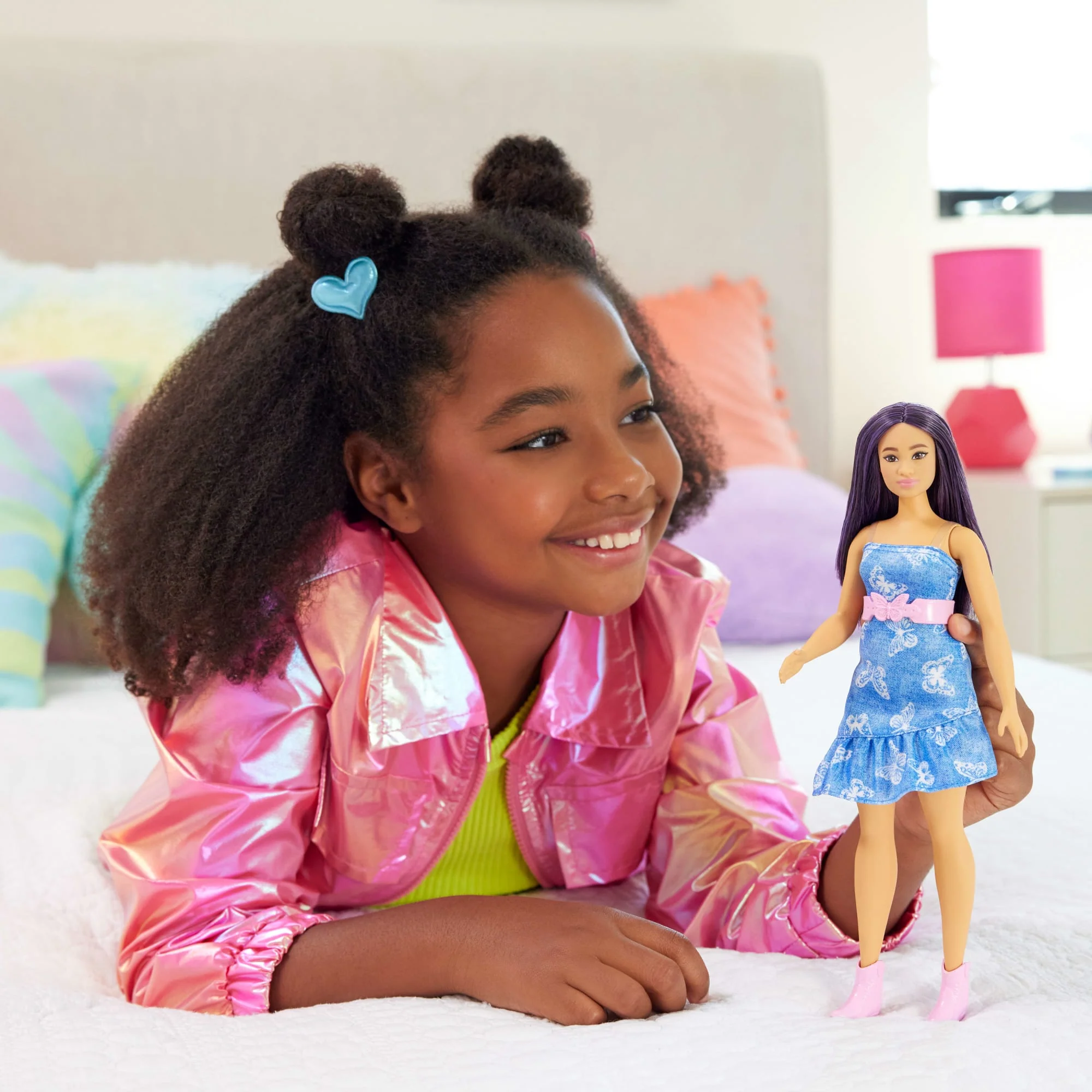 Barbie Fashionistas Doll #231 in Denim Butterfly Dress With Pink Belt, Purple Hair - Image 2